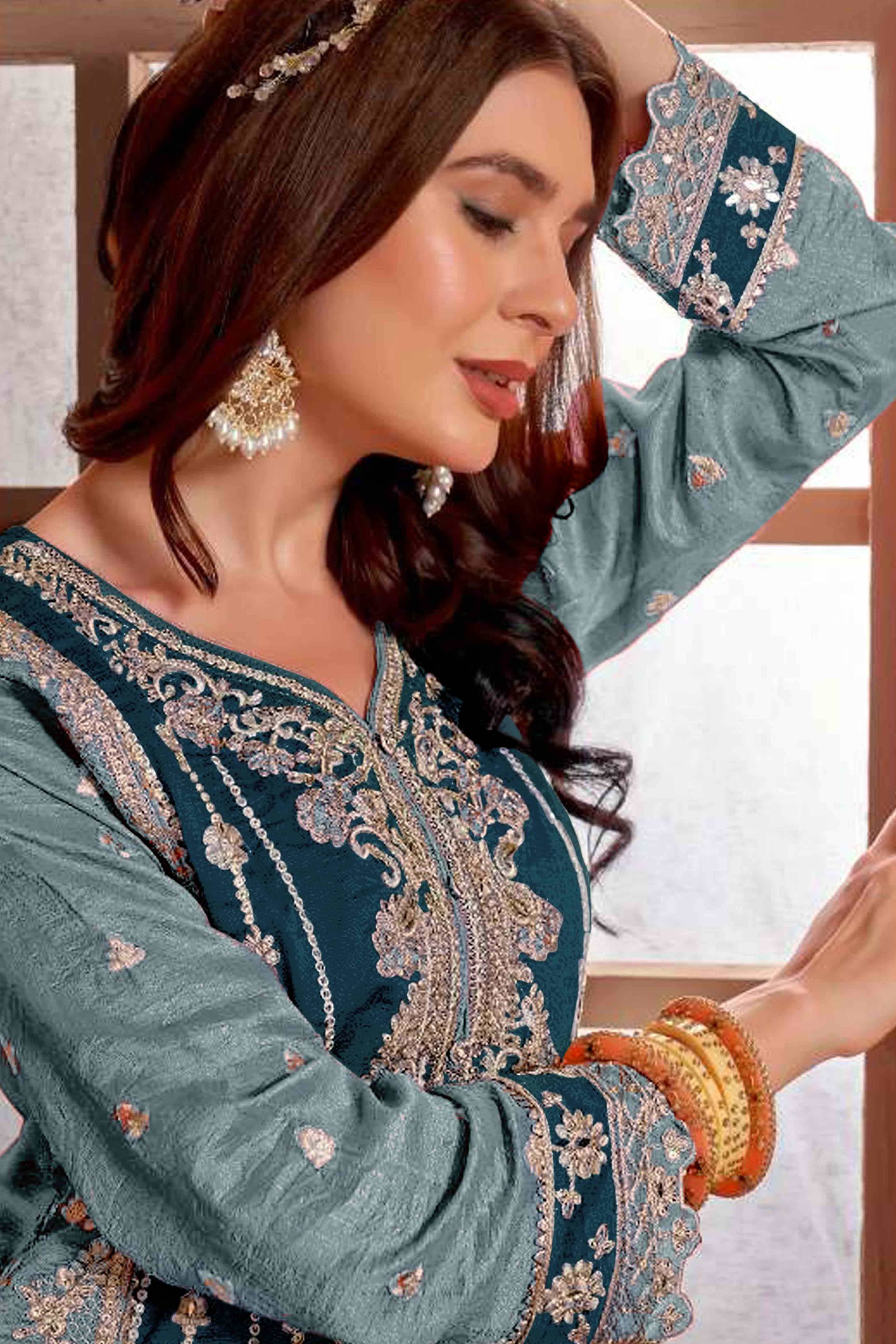 Morpich Blue Floral Sequins Embroidery Vichitra Silk Semi Stitched Pakistani Suit