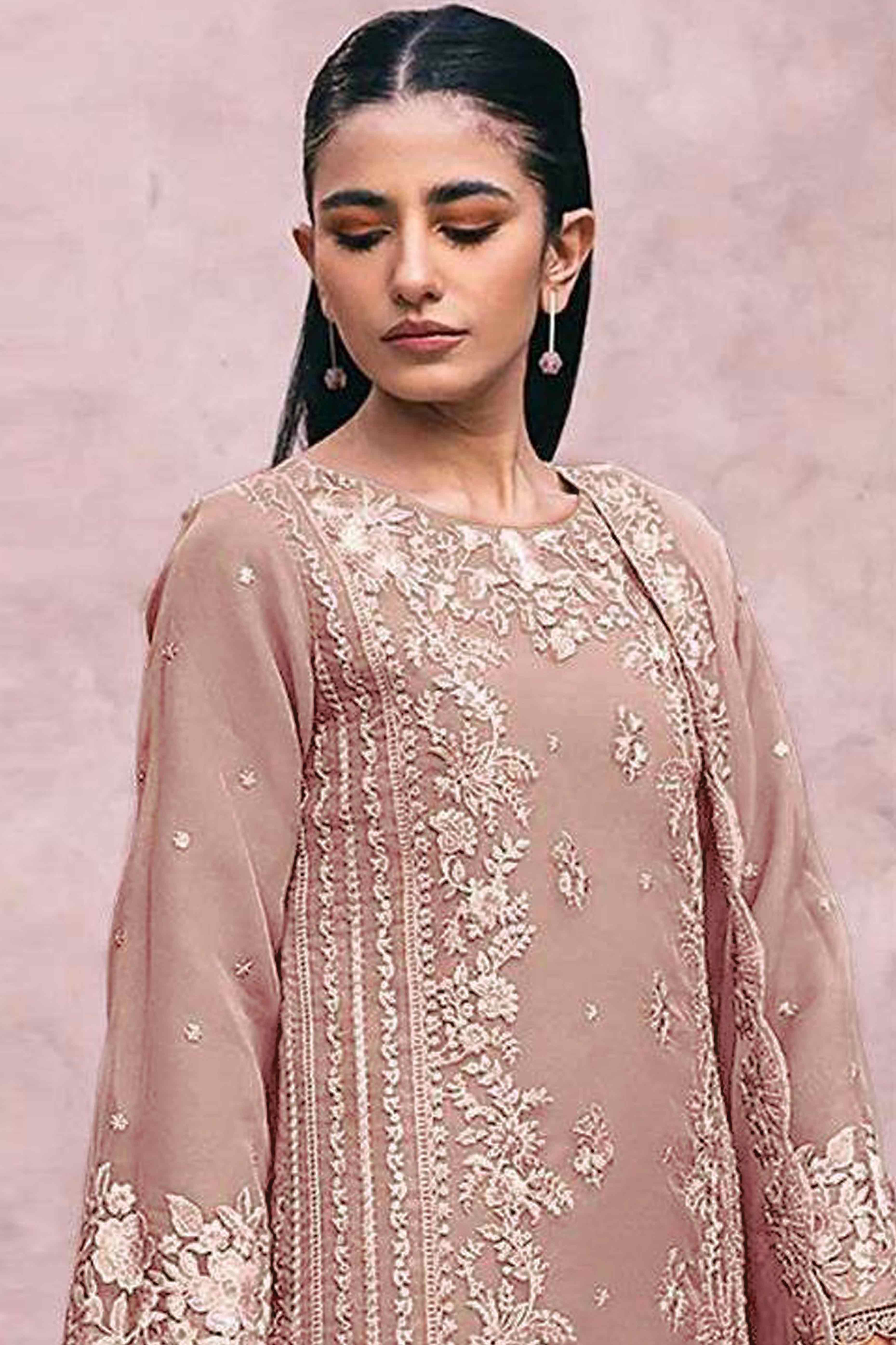 Dusty Peach Floral Embroidery Georgette Semi Stitched Pakistani Suit