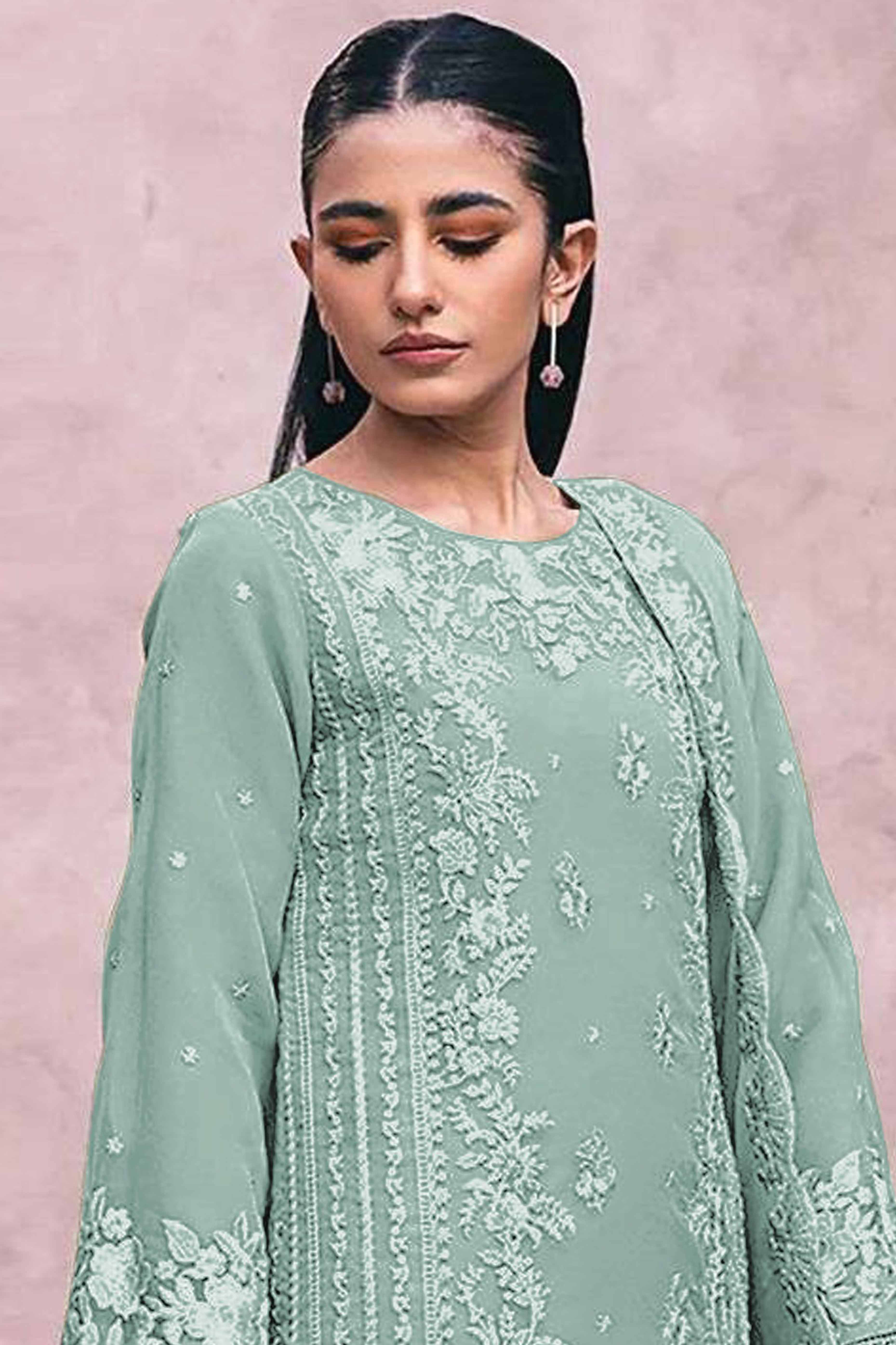 Sea Green Floral Embroidery Georgette Semi Stitched Pakistani Suit