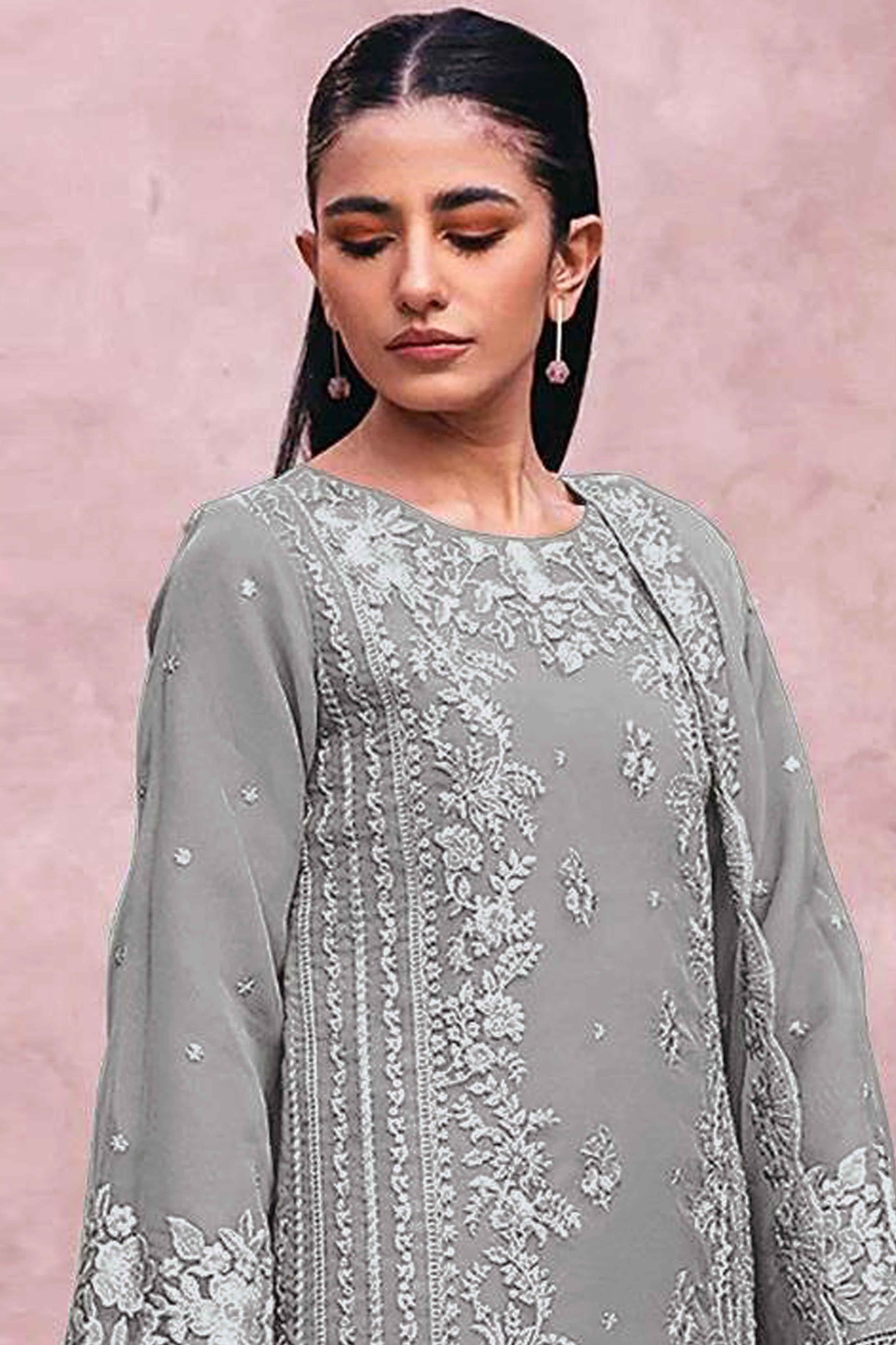 Grey Floral Embroidery Georgette Semi Stitched Pakistani Suit