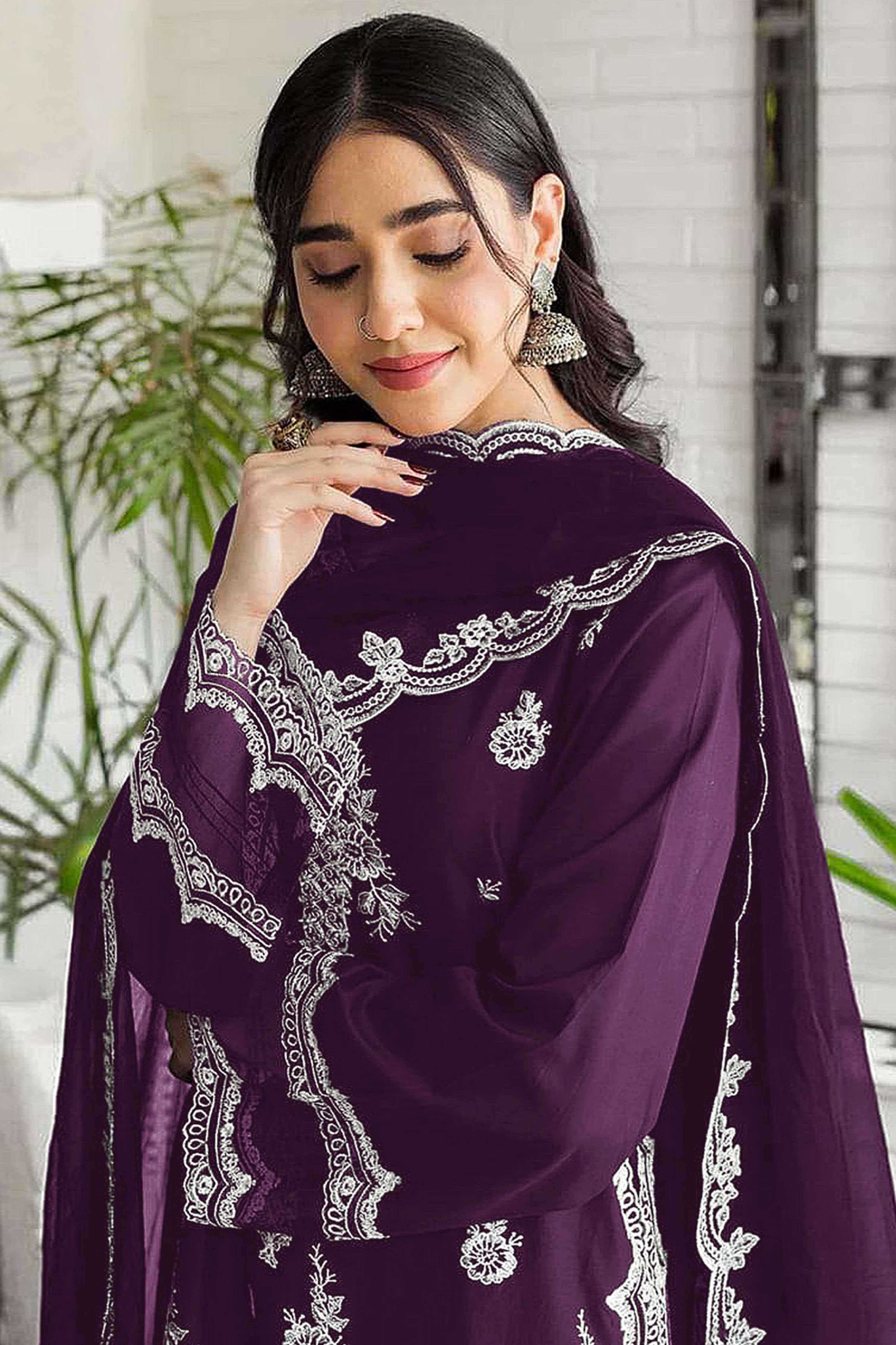 Purple Floral Embroidery Georgette Semi Stitched Pakistani Suit