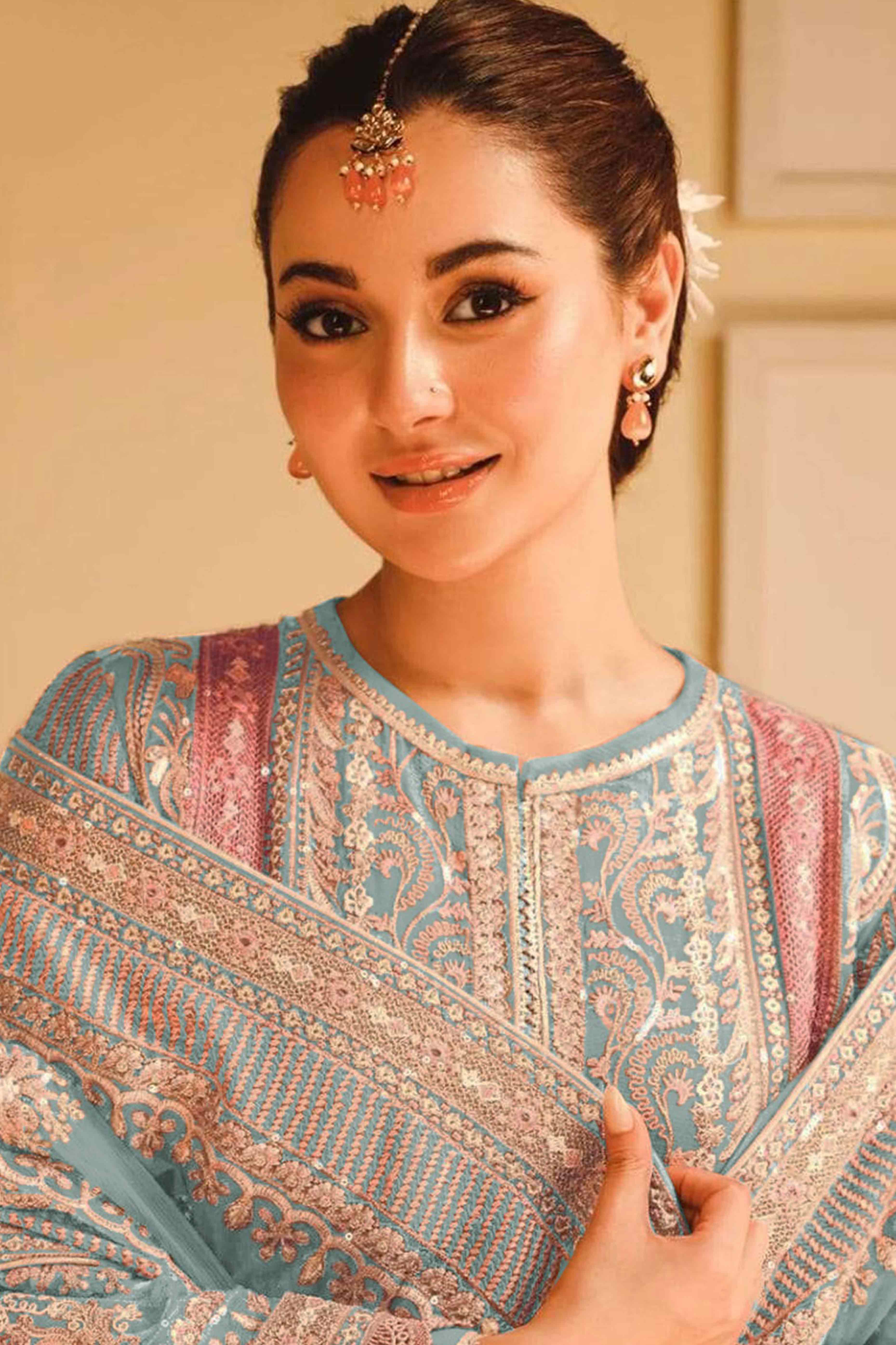 Blue Floral Sequins Embroidery Georgette Semi Stitched Pakistani Suit