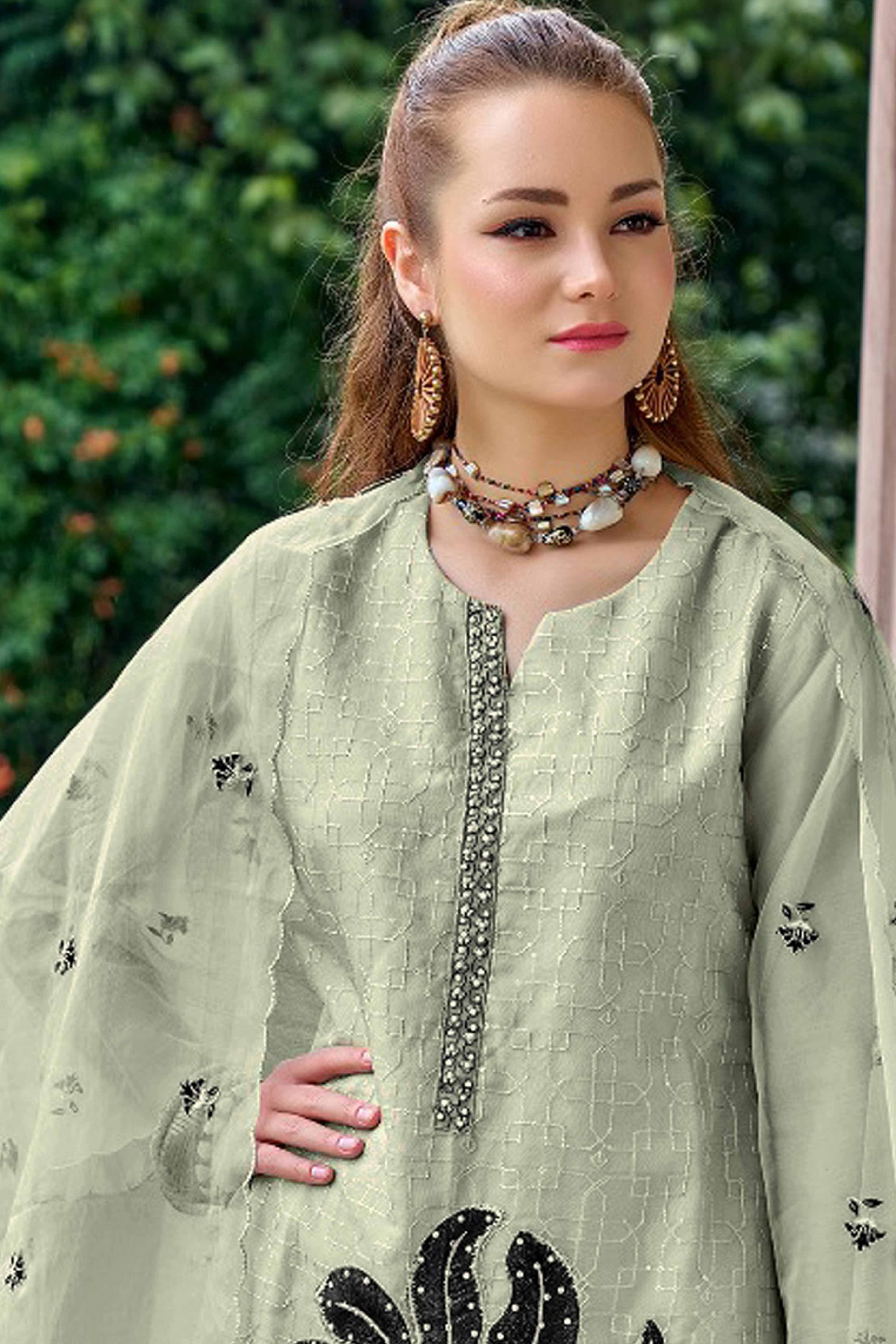 Pista Green Floral Sequins Embroidered Organza Semi Stitched Pakistani Suit
