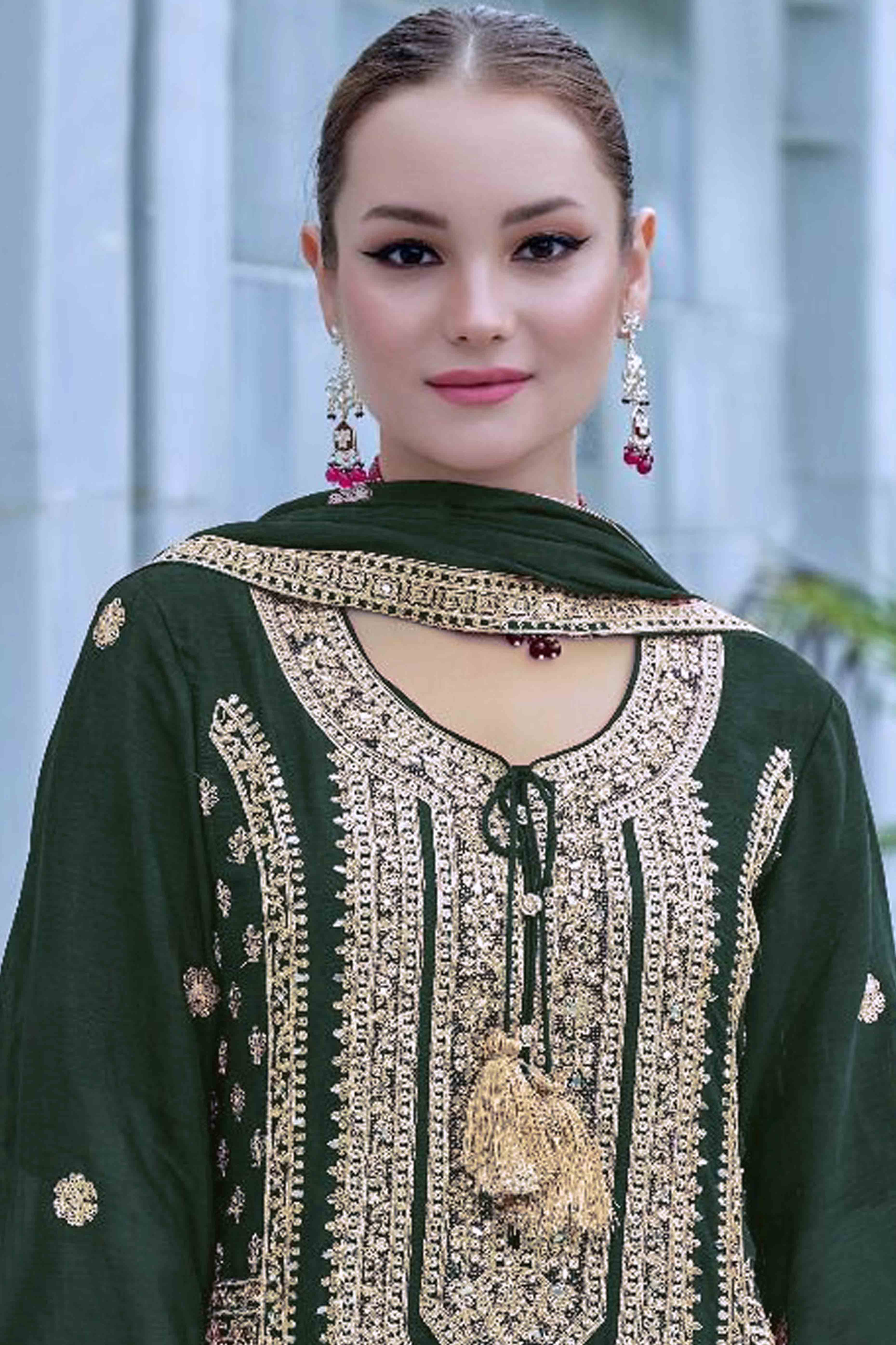 Green Floral Sequins Embroidered Chinon Semi Stitched Pakistani Suit