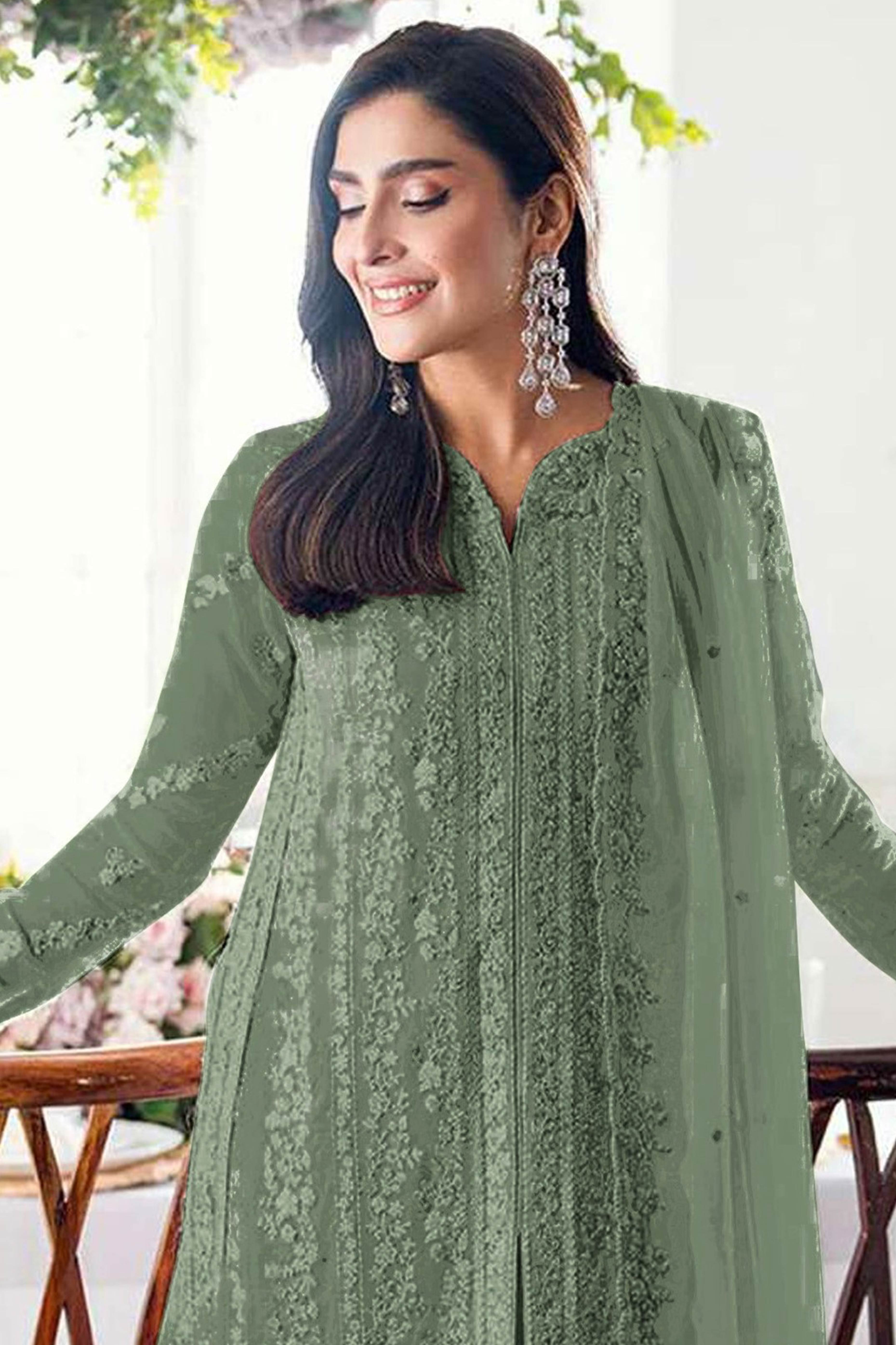 Green Embroidered Georgette Semi-Stitched Pakistani Salwar Suit with Shimmering Sequins