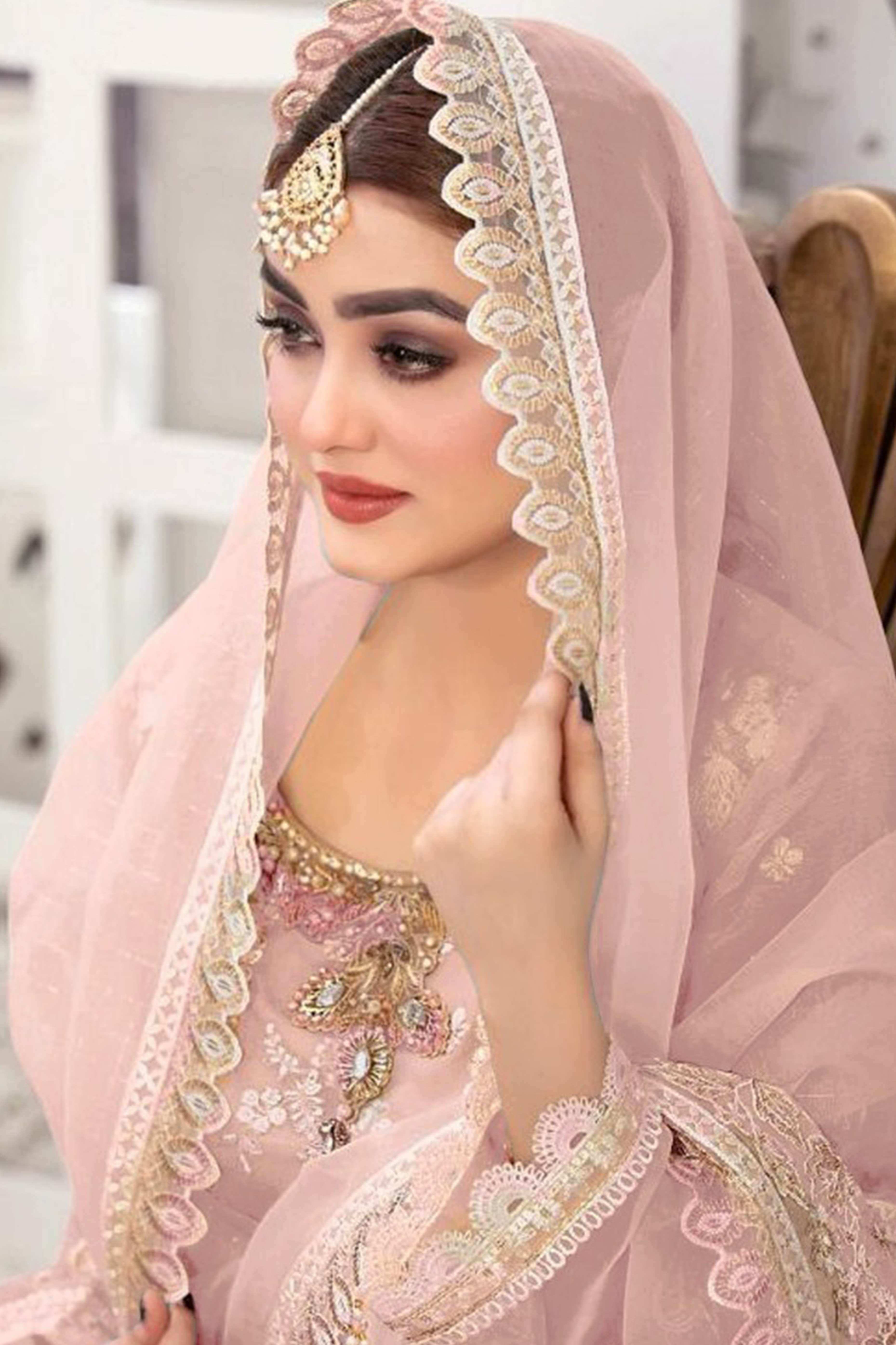 Peach Floral Embroidery With Moti Work Organza Semi Stitched Pakistani Suit