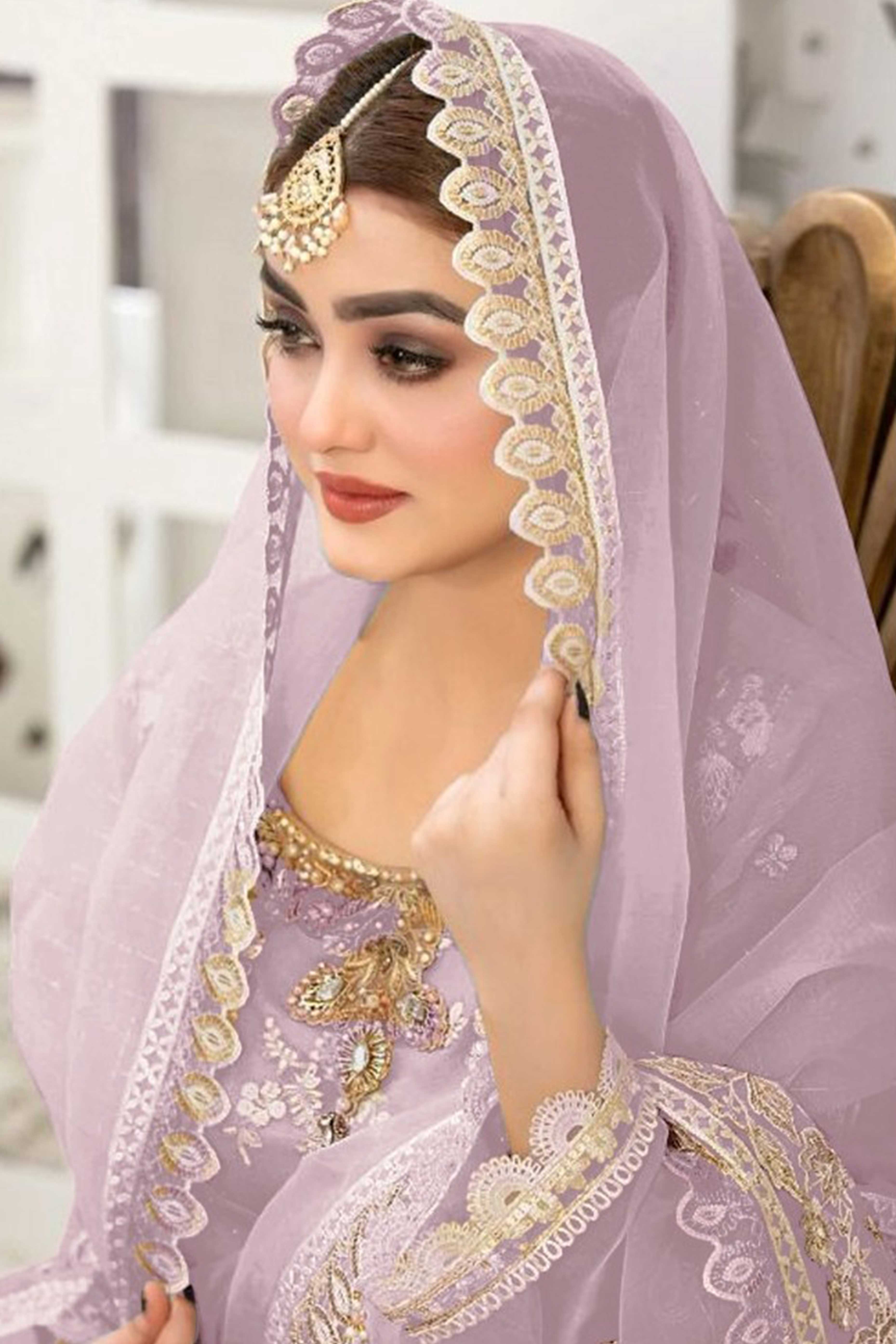 Lavender Floral Embroidery With Moti Work Organza Semi Stitched Pakistani Suit