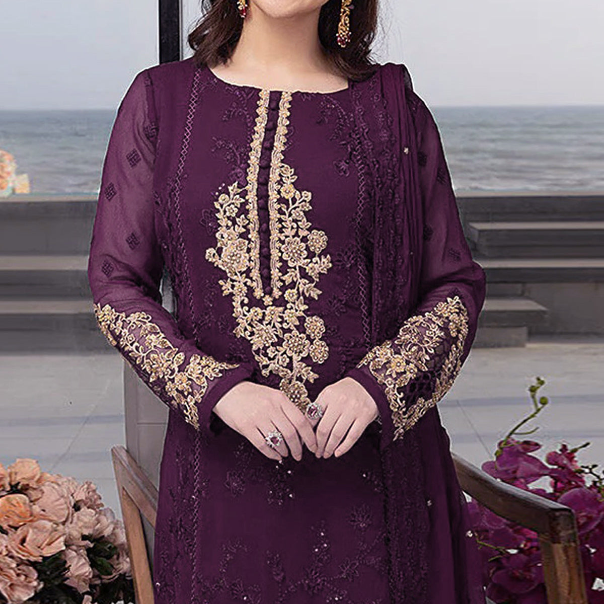 Purple Floral Embroidered Georgette Semi Stitched Pakistani Suit