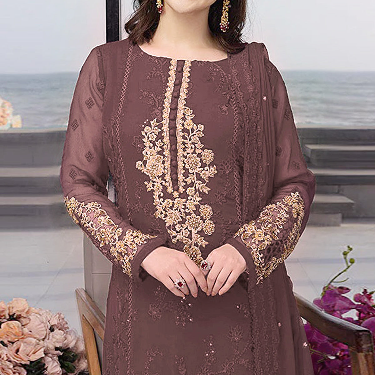 Mauve Floral Embroidered Georgette Semi Stitched Pakistani Suit