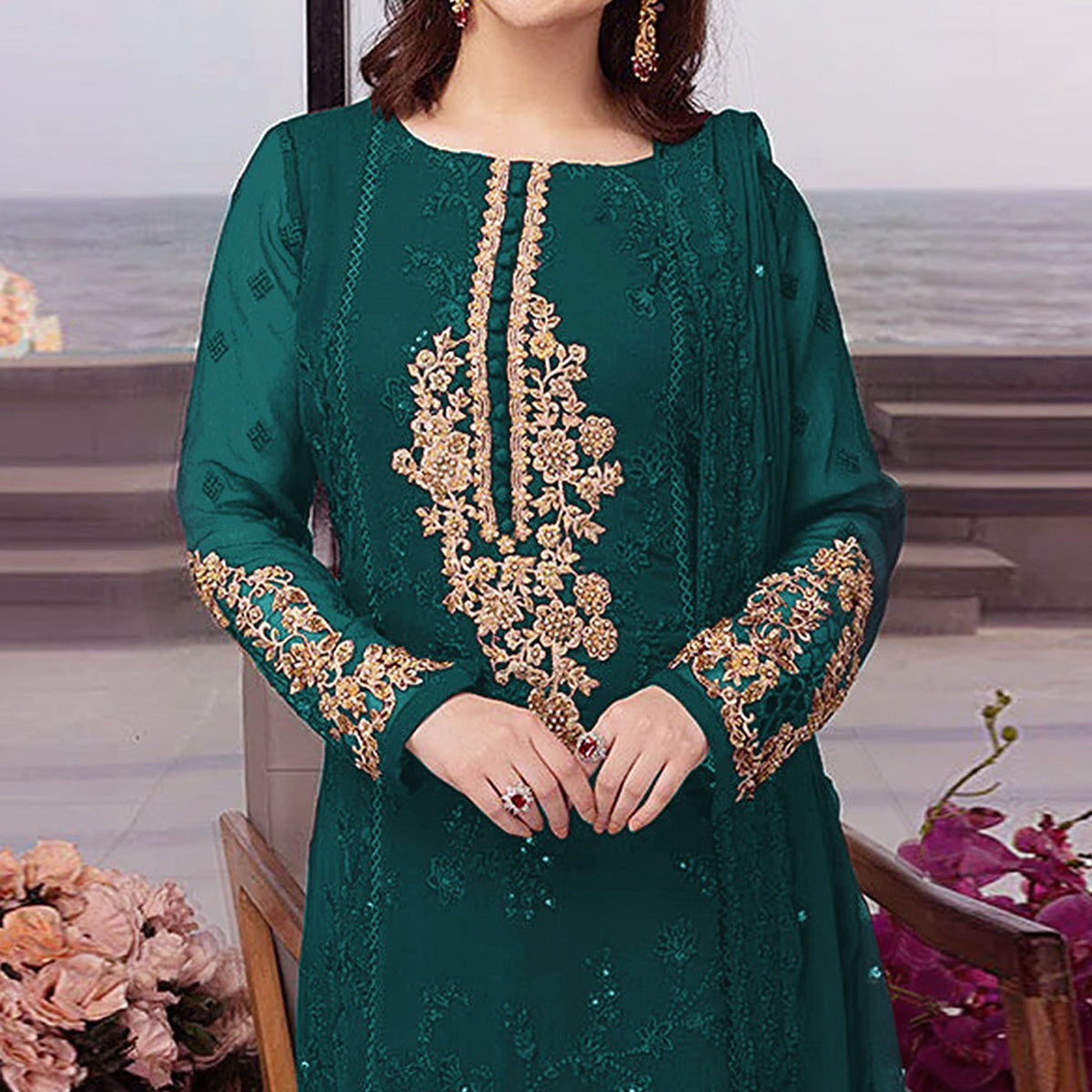Teal Floral Embroidered Georgette Semi Stitched Pakistani Suit