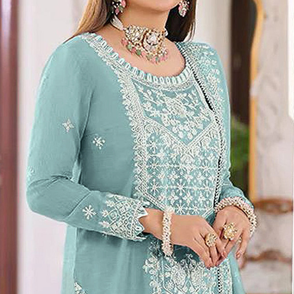 Sea Green Embroidered Organza Pakistani Semi Stitched Dress Material