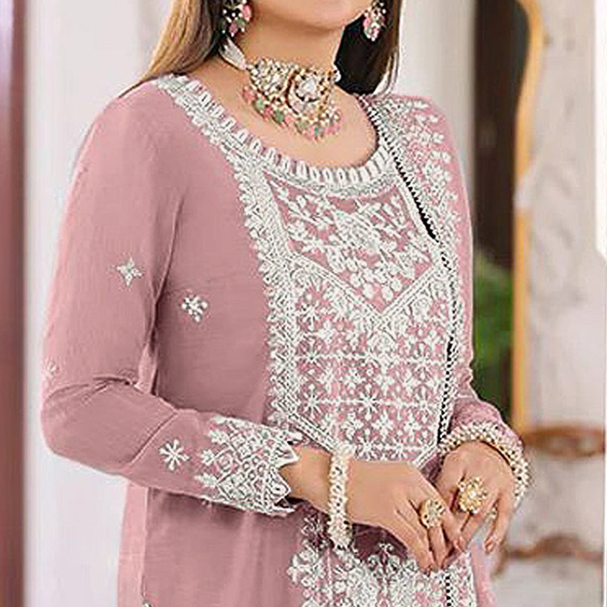 Pink Embroidered Organza Pakistani Semi Stitched Dress Material