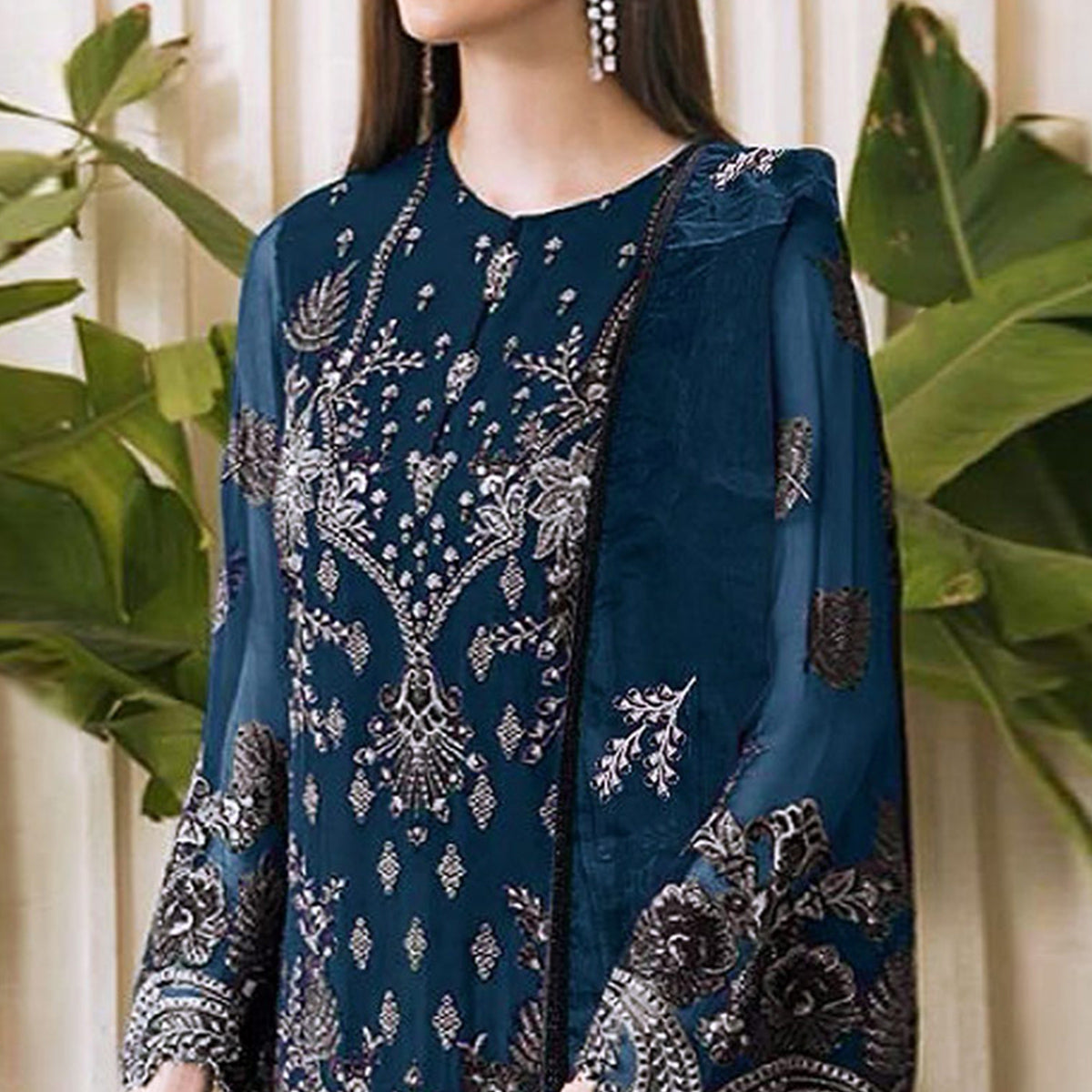 Indigo Blue Embroidered Georgette Pakistani Semi Stitched Dress Material