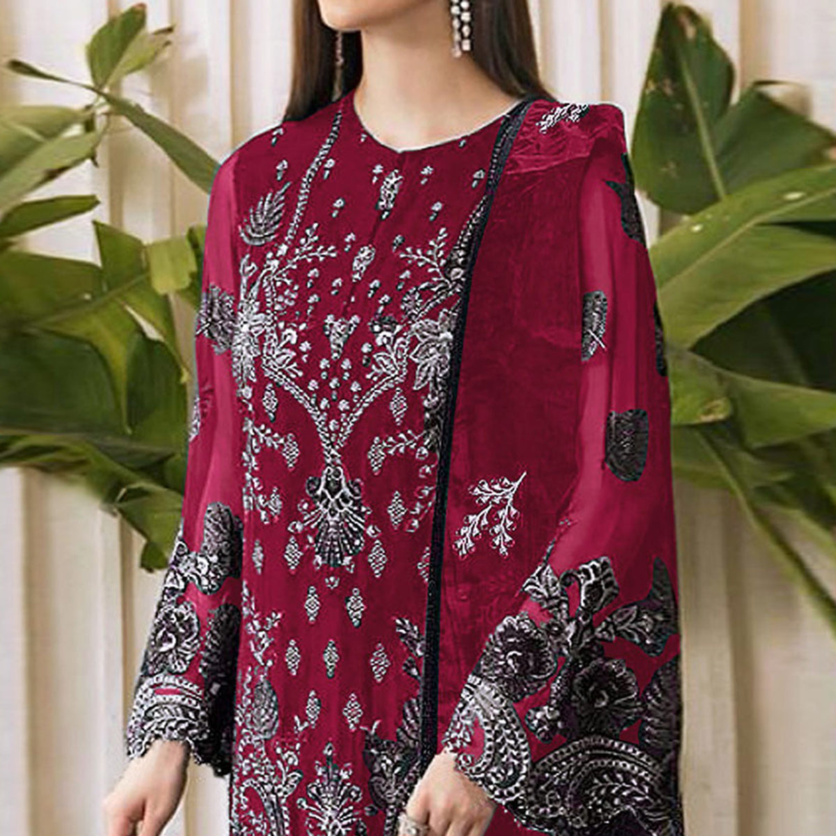 Maroon Embroidered Georgette Pakistani Semi Stitched Dress Material