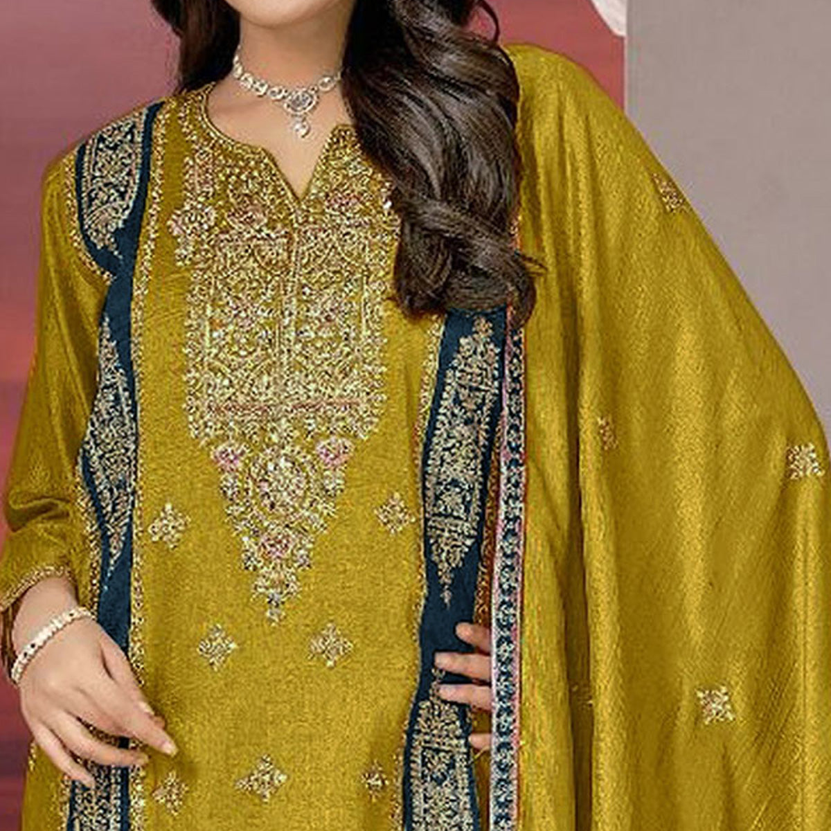 Mustard Floral Embroidered Vichitra Silk Semi Stitched Pakistani Suit