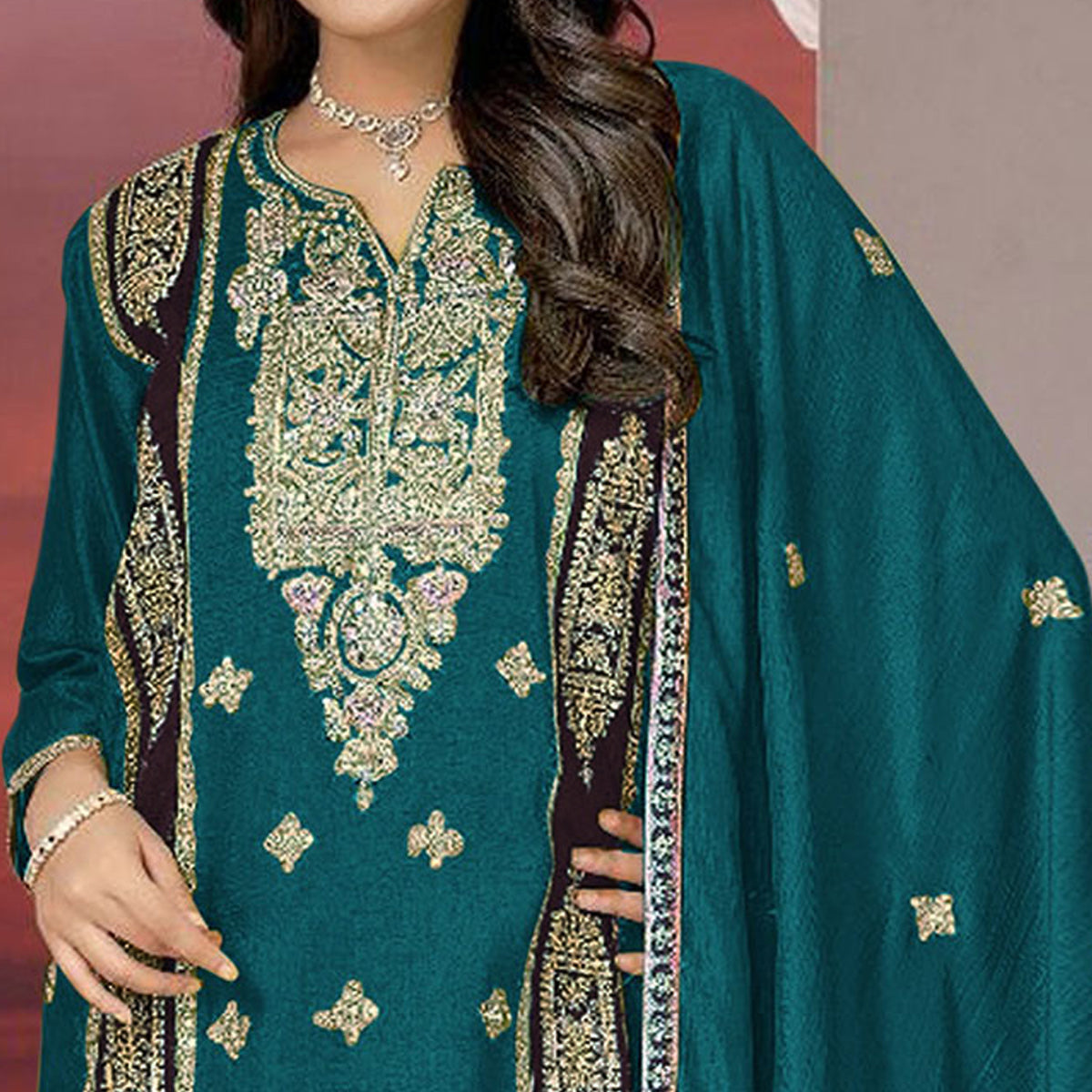Teal Floral Embroidered Vichitra Silk Semi Stitched Pakistani Suit