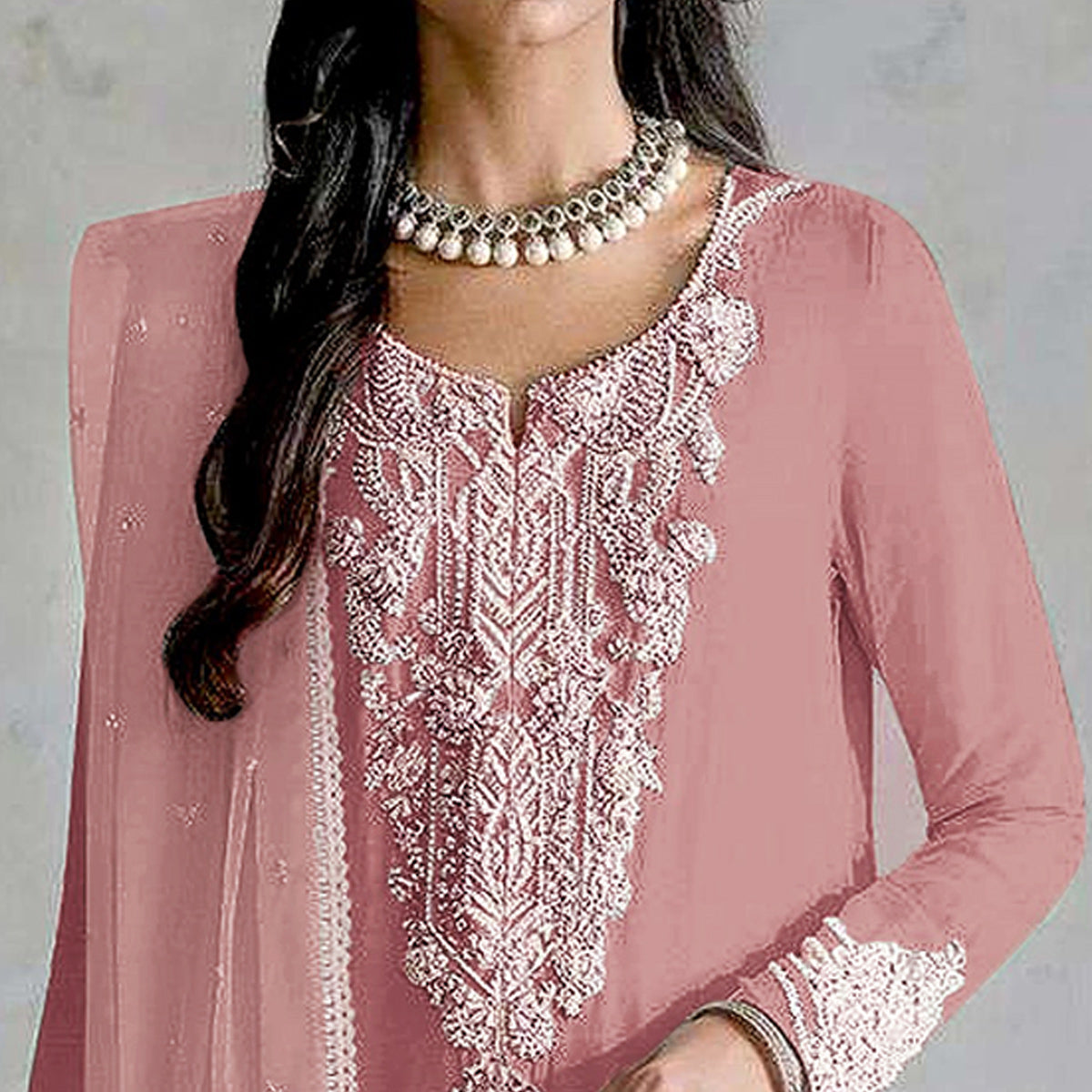 Peach Embroidered Georgette Pakistani Dress Material