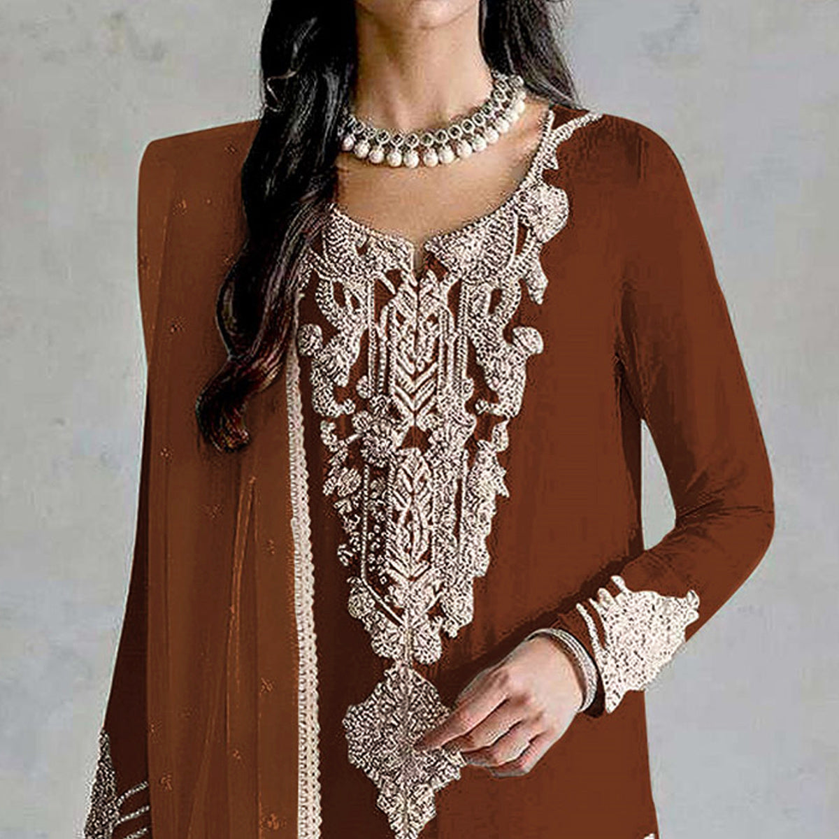 Brown Embroidered Georgette Pakistani Dress Material