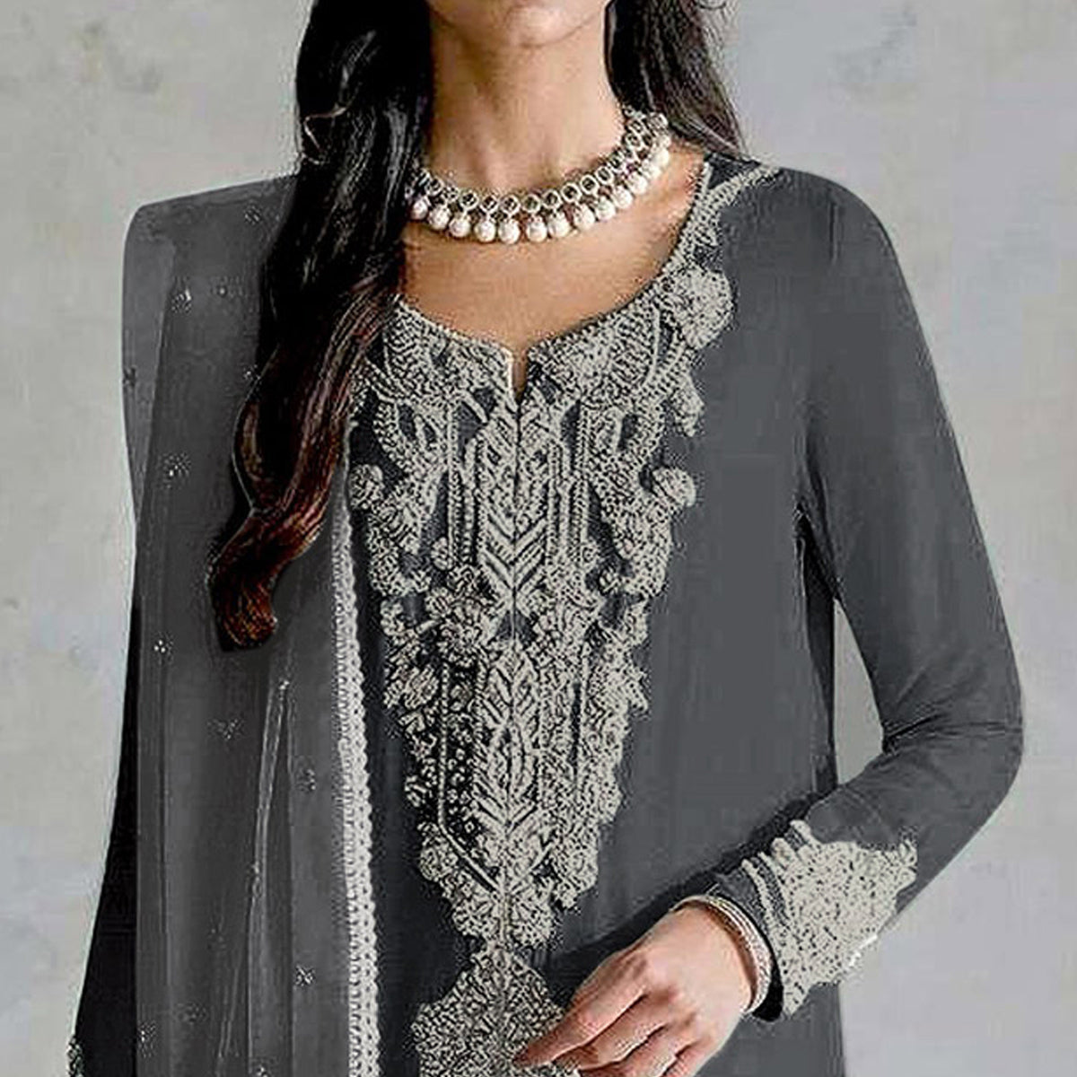 Grey Embroidered Georgette Pakistani Dress Material