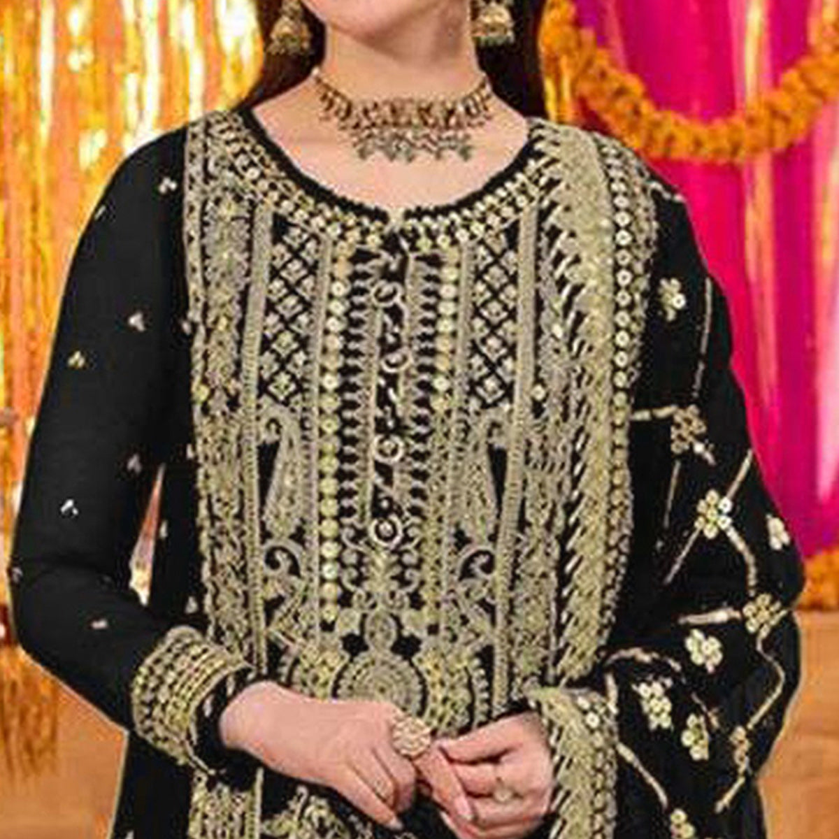 Black Embroidered Georgette Pakistani Dress Material