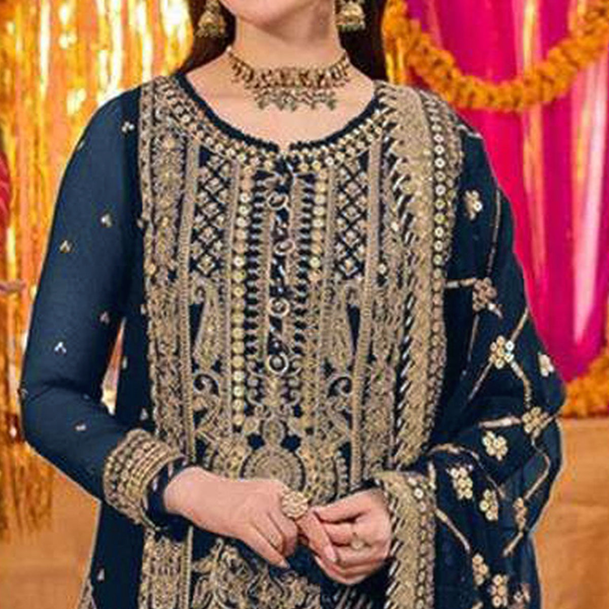 Blue Embroidered Georgette Pakistani Dress Material