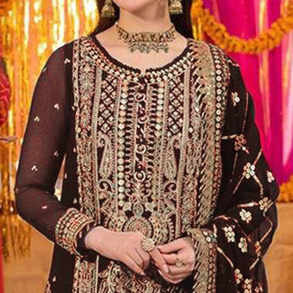 Brown Embroidered Georgette Pakistani Dress Material