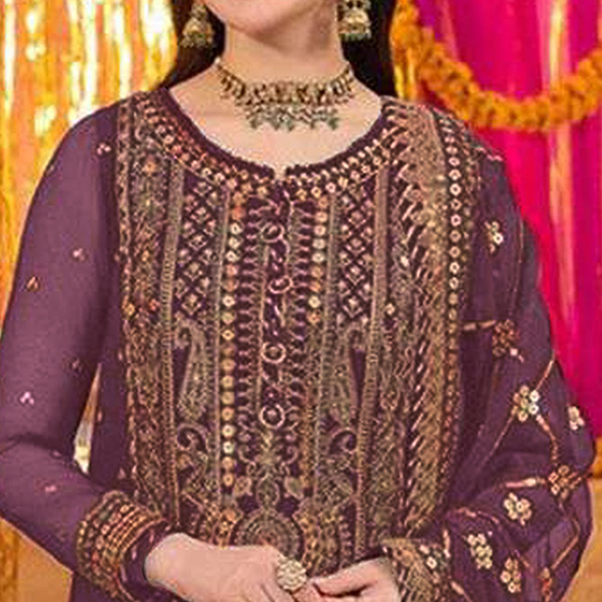 Purple Embroidered Georgette Pakistani Dress Material