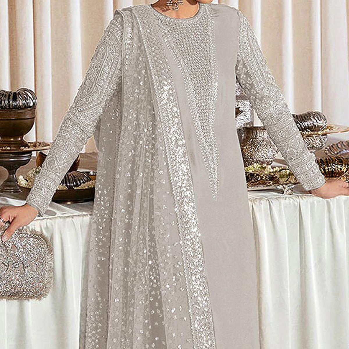 Beige Sequins Embroidered Georgette Pakistani Suit