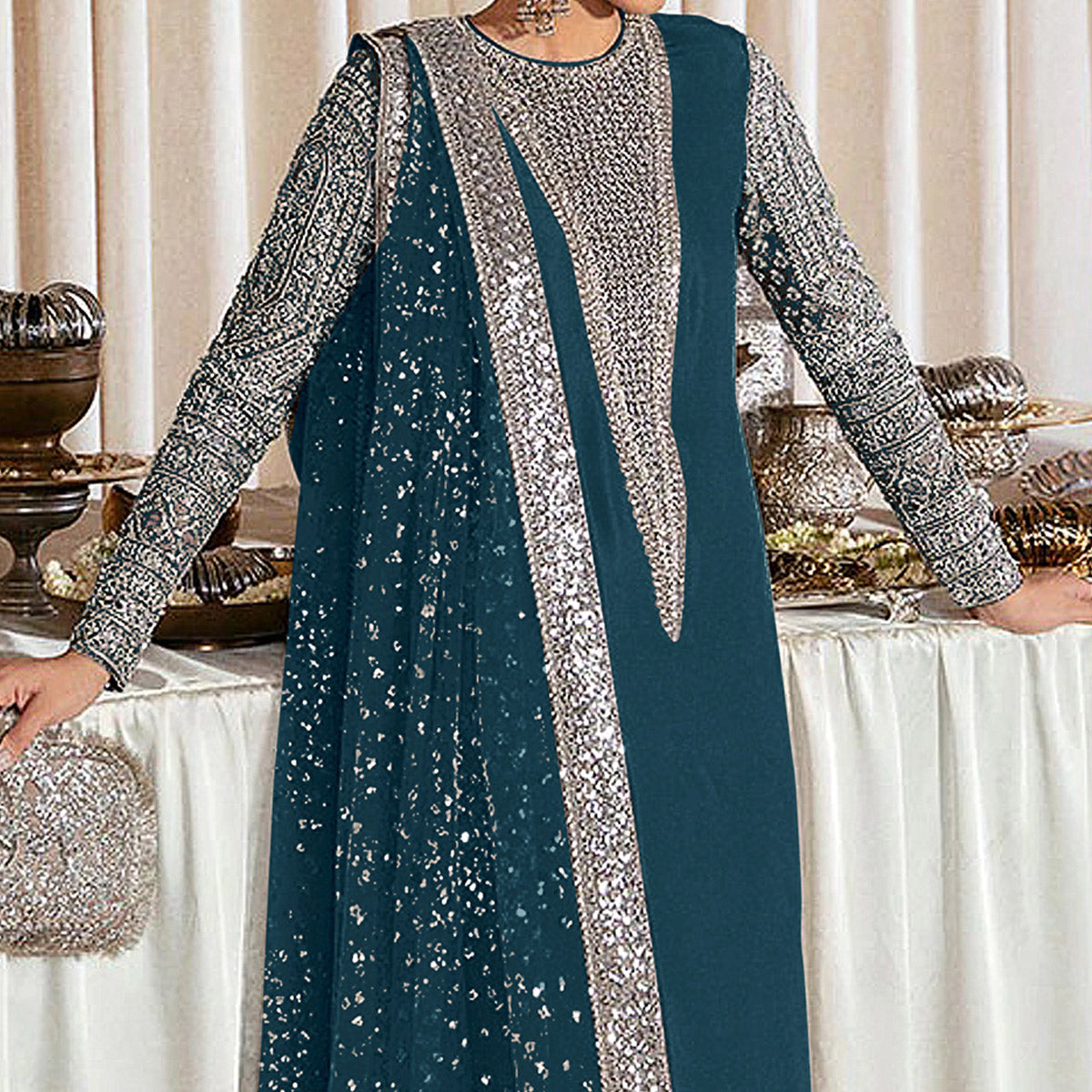 Teal Blue Sequins Embroidered Georgette Pakistani Suit