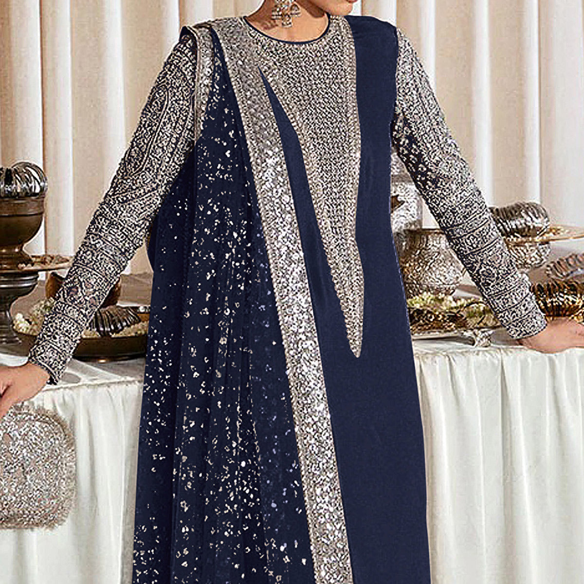 Blue Sequins Embroidered Georgette Pakistani Suit