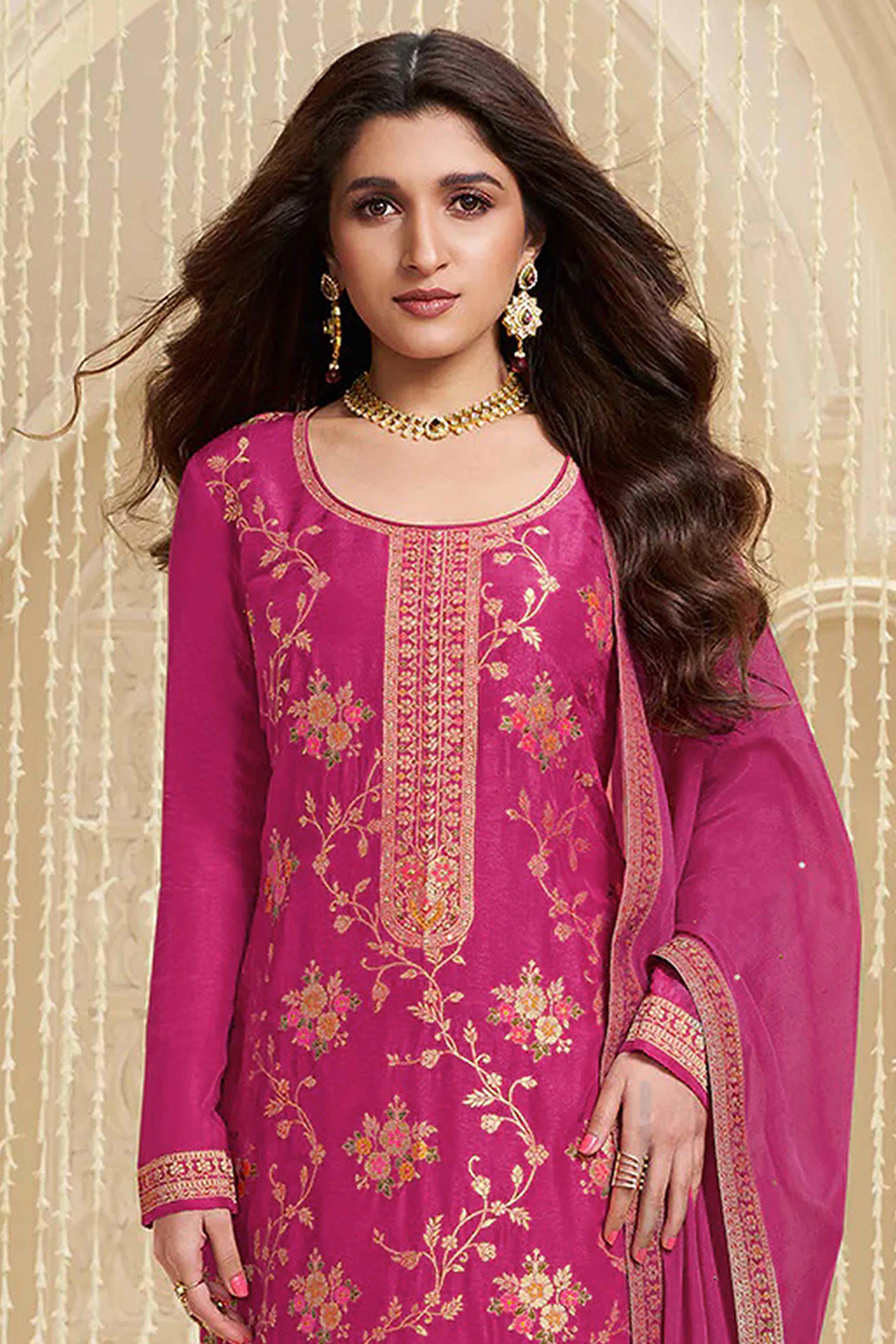 Pink Floral Woven With Embroidered Viscose Semi Stitched Suit