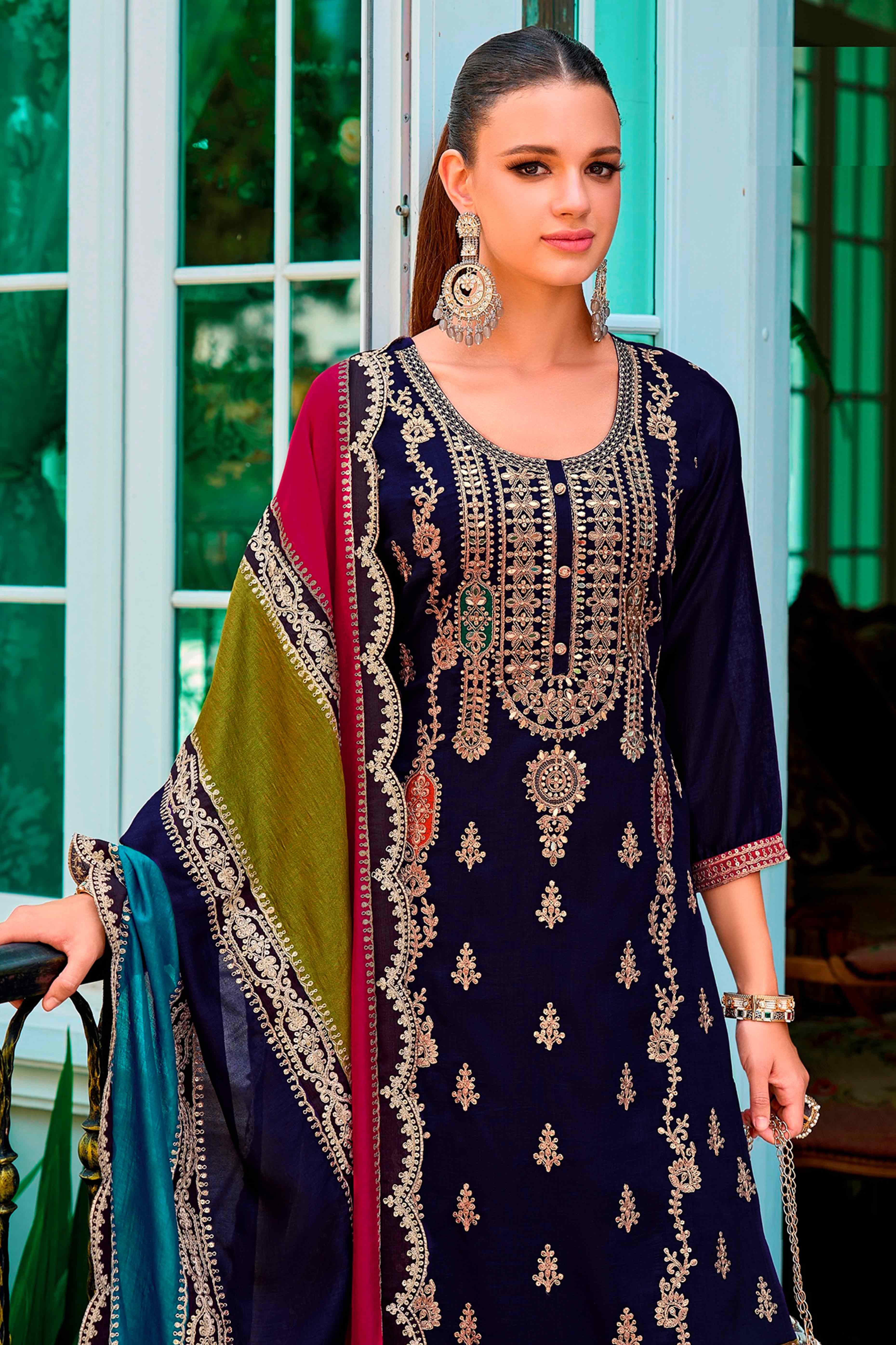 Purple Floral Sequins Embroidered Chinon Semi Stitched Palazzo Suit