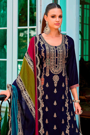 Purple Floral Sequins Embroidered Chinon Semi Stitched Palazzo Suit