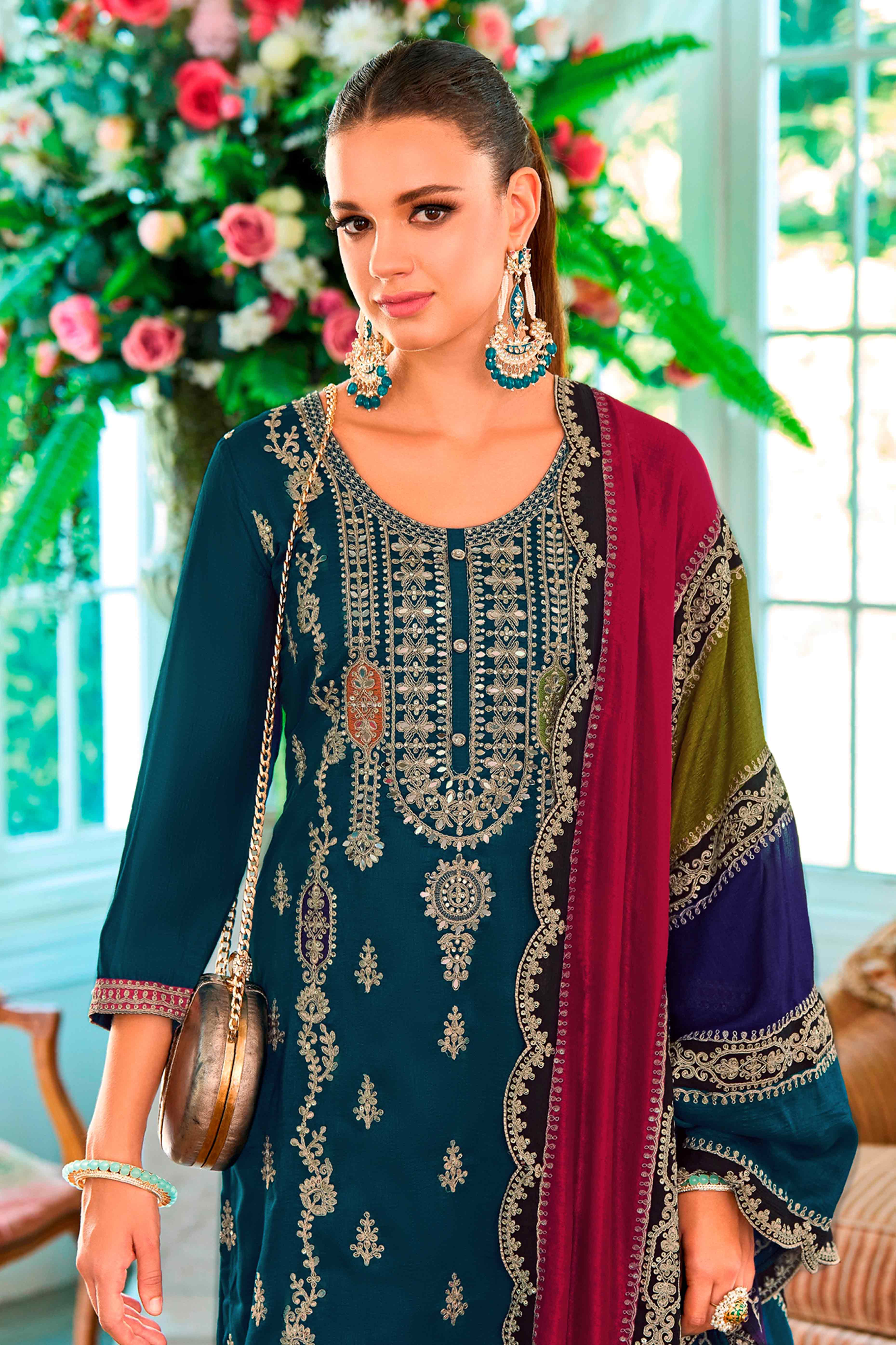 Teal Blue Floral Sequins Embroidered Chinon Semi Stitched Palazzo Suit