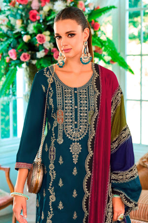 Teal Blue Floral Sequins Embroidered Chinon Semi Stitched Palazzo Suit