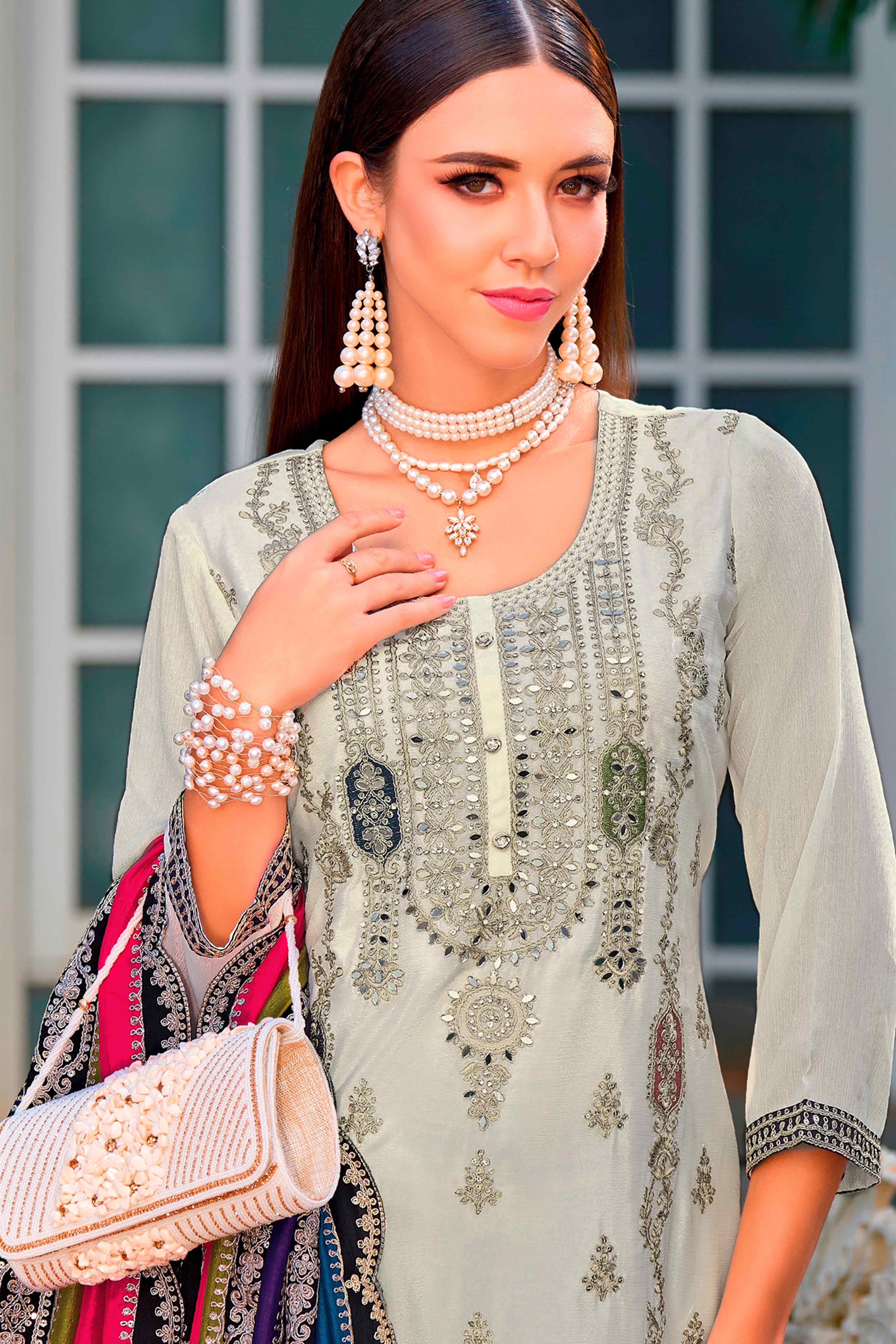 Cream Floral Sequins Embroidered Chinon Semi Stitched Palazzo Suit