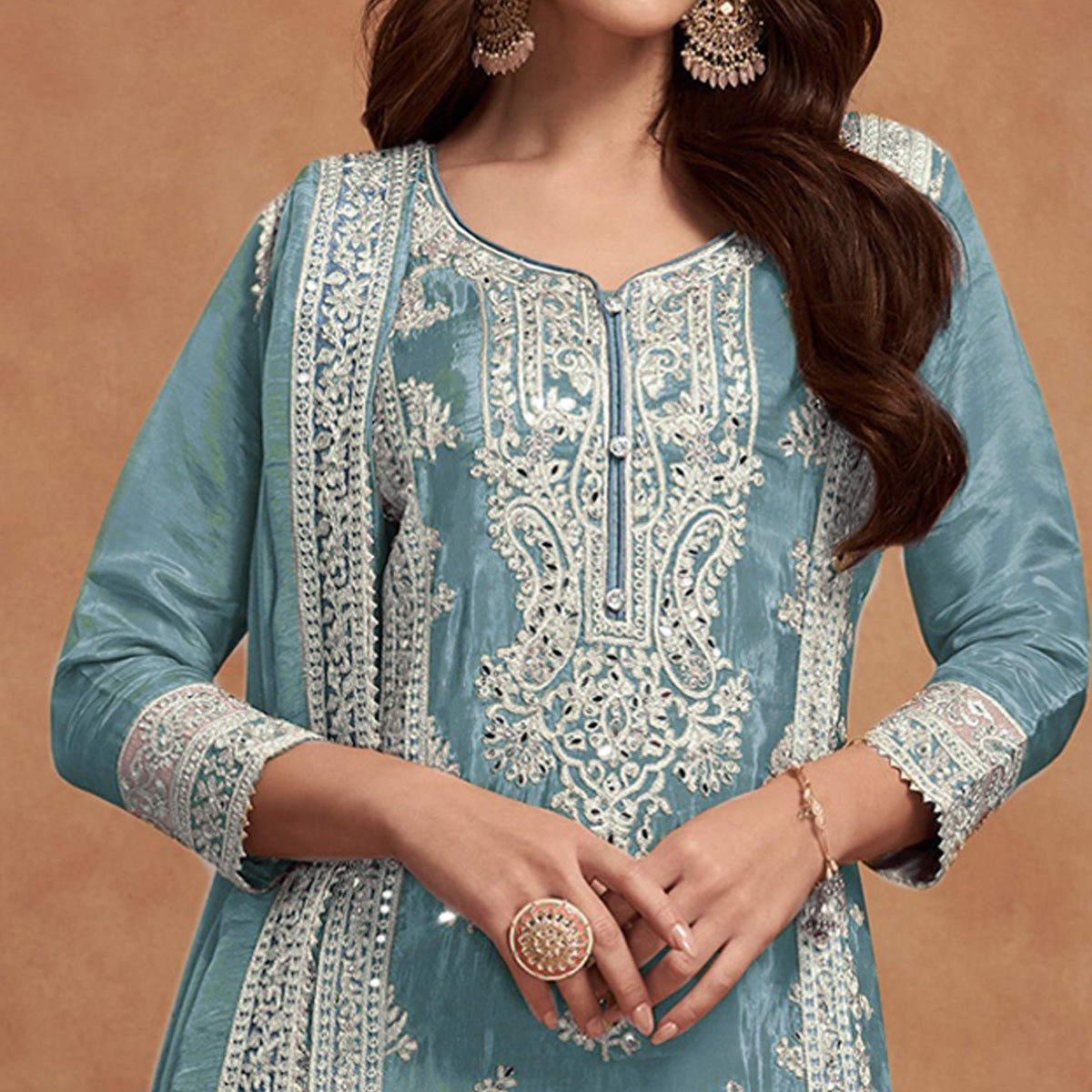 Light Teal Floral Sequins Embroidered Vichitra Silk Semi Stitched Palazzo Suit