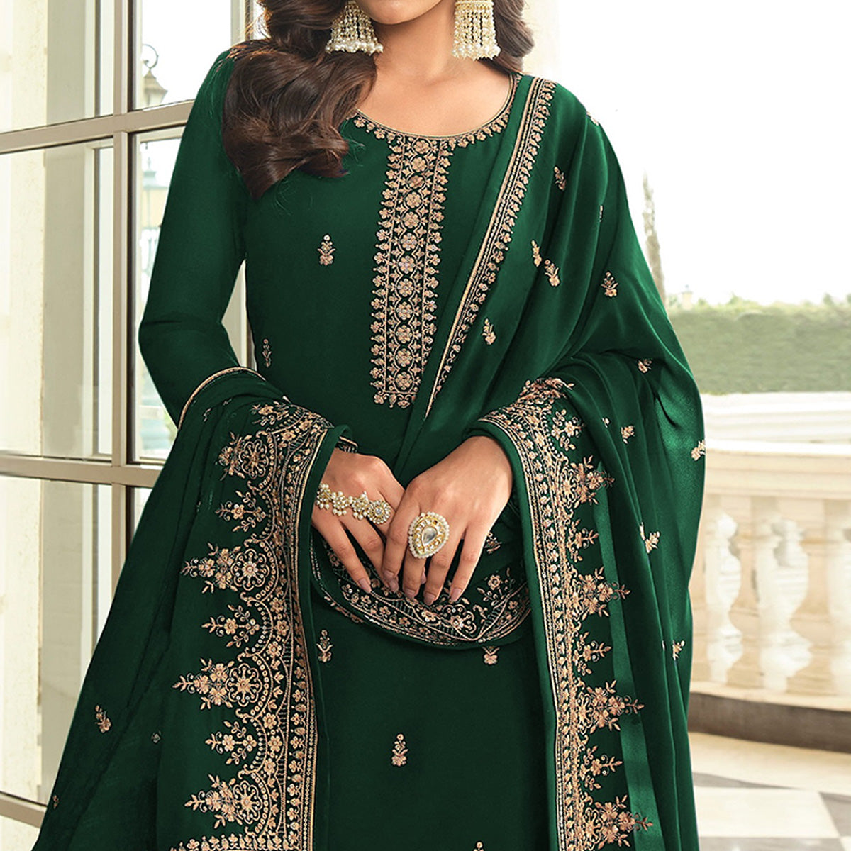 Green Floral Sequins Embroidered Georgette Semi Stitched Dress Material