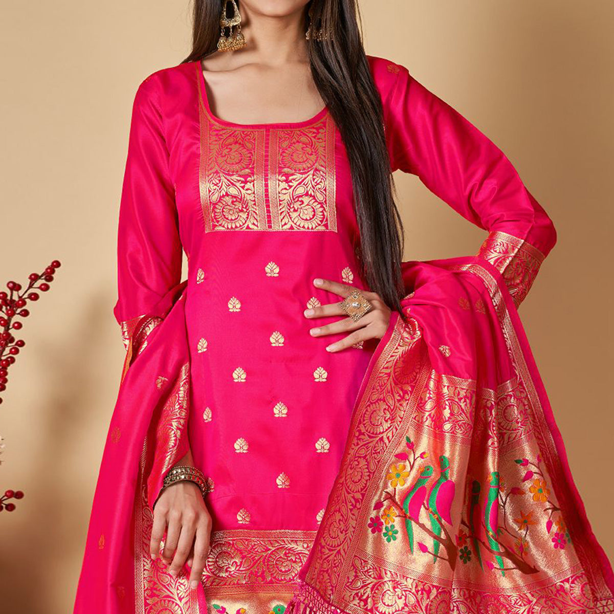 Pink Floral Woven Banarasi Silk Paithani Dress Material
