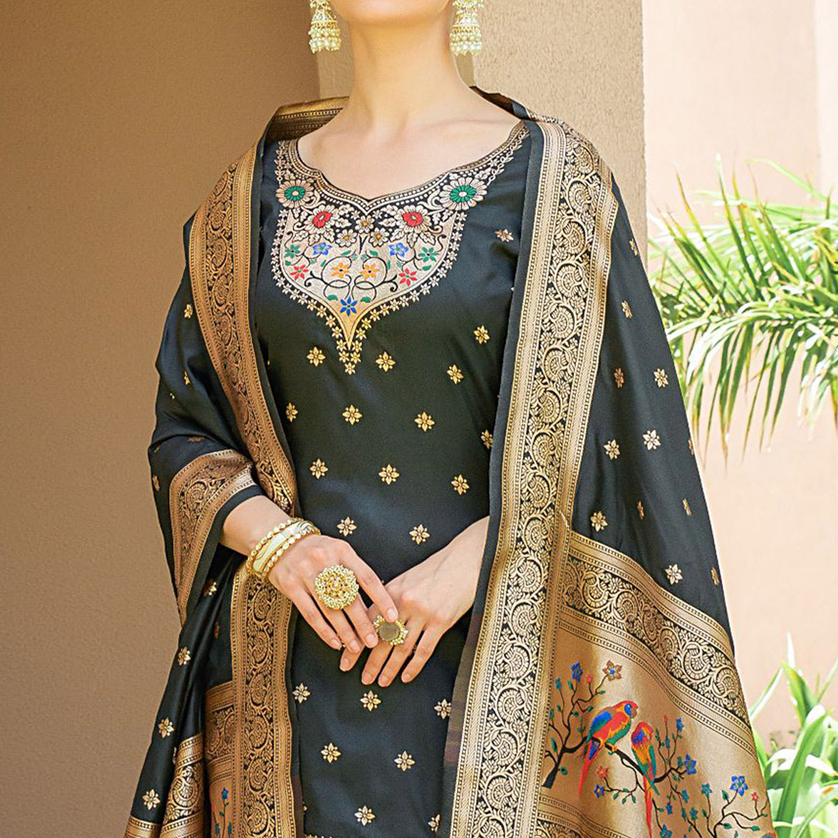 Black Floral Woven Banarasi Silk Paithani Dress Material