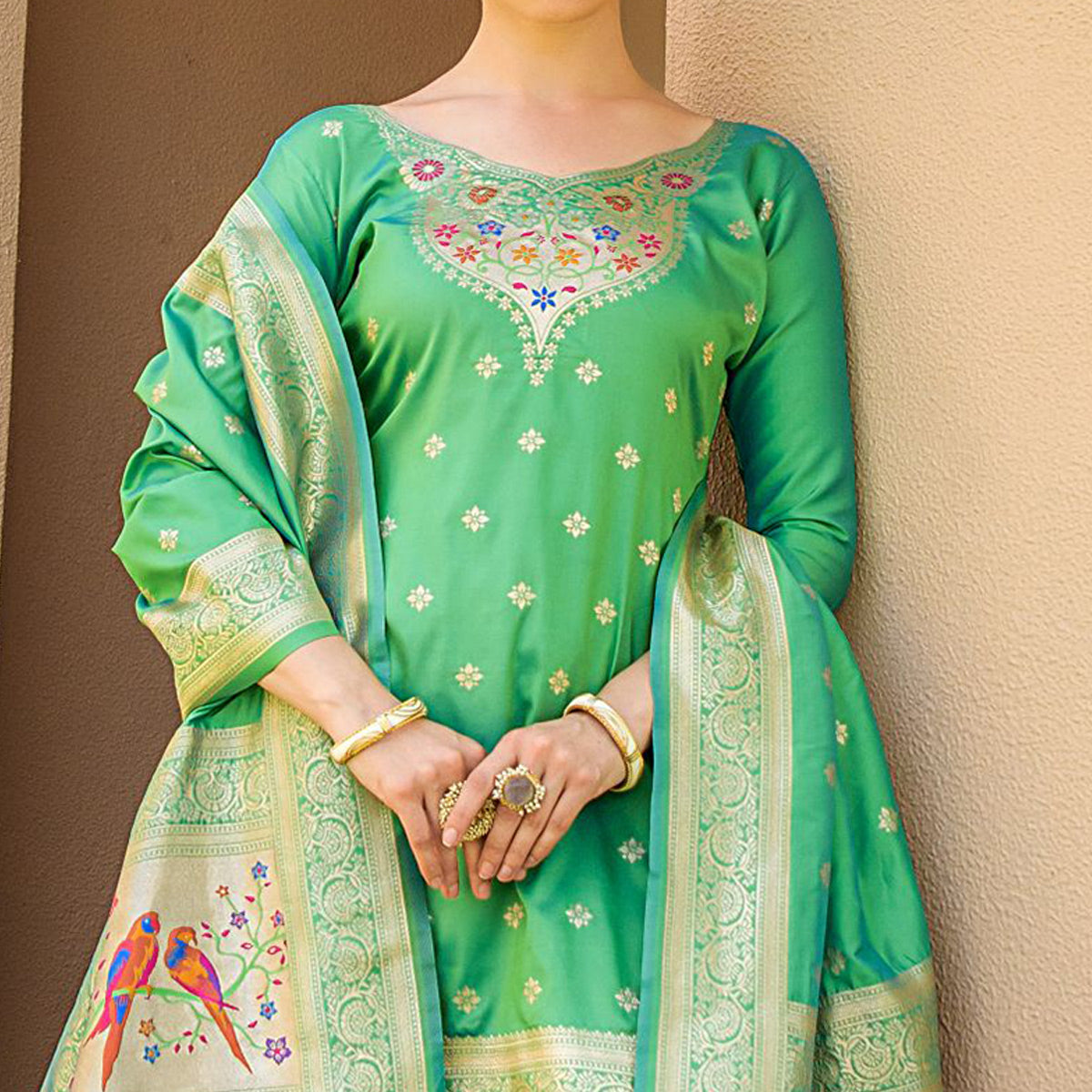 Green Floral Woven Banarasi Silk Paithani Dress Material