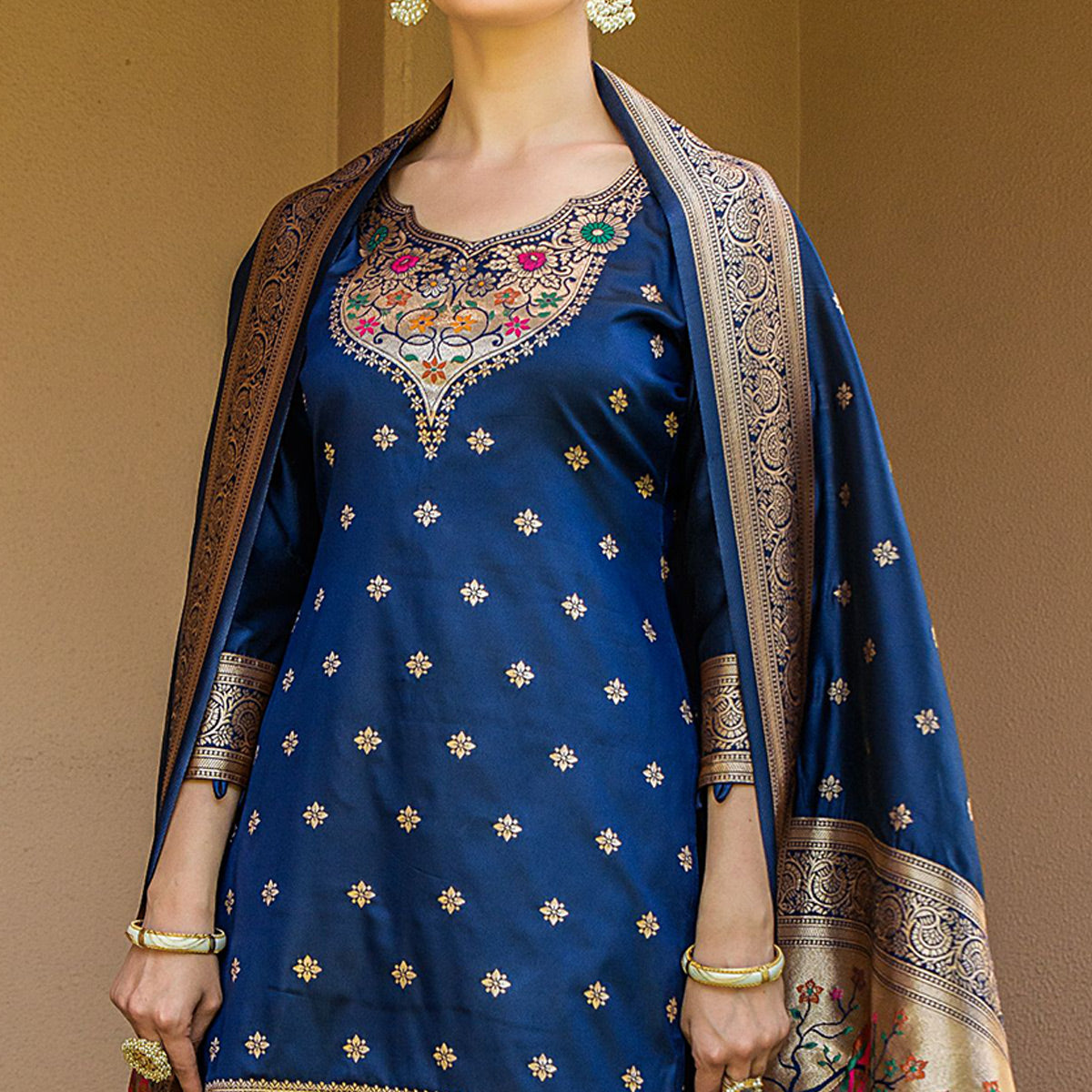 Navy Blue Floral Woven Banarasi Silk Paithani Dress Material
