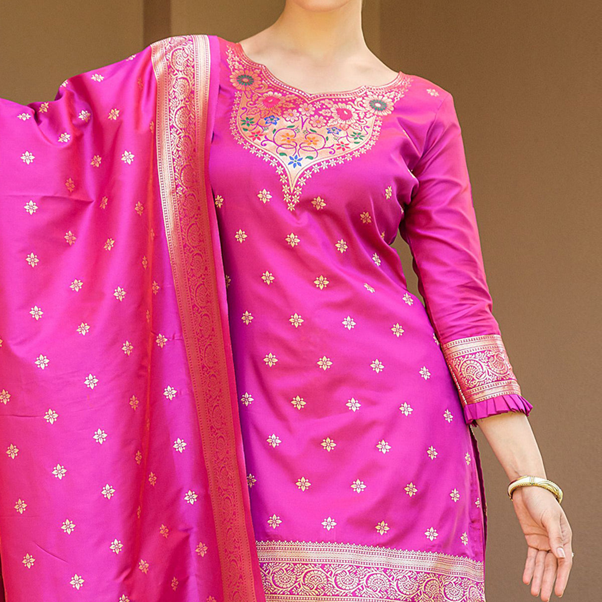 Rani Pink Floral Woven Banarasi Silk Paithani Dress Material