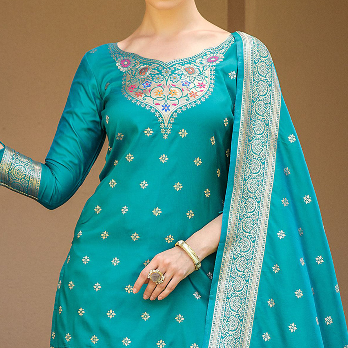 Rama Blue Floral Woven Banarasi Silk Paithani Dress Material