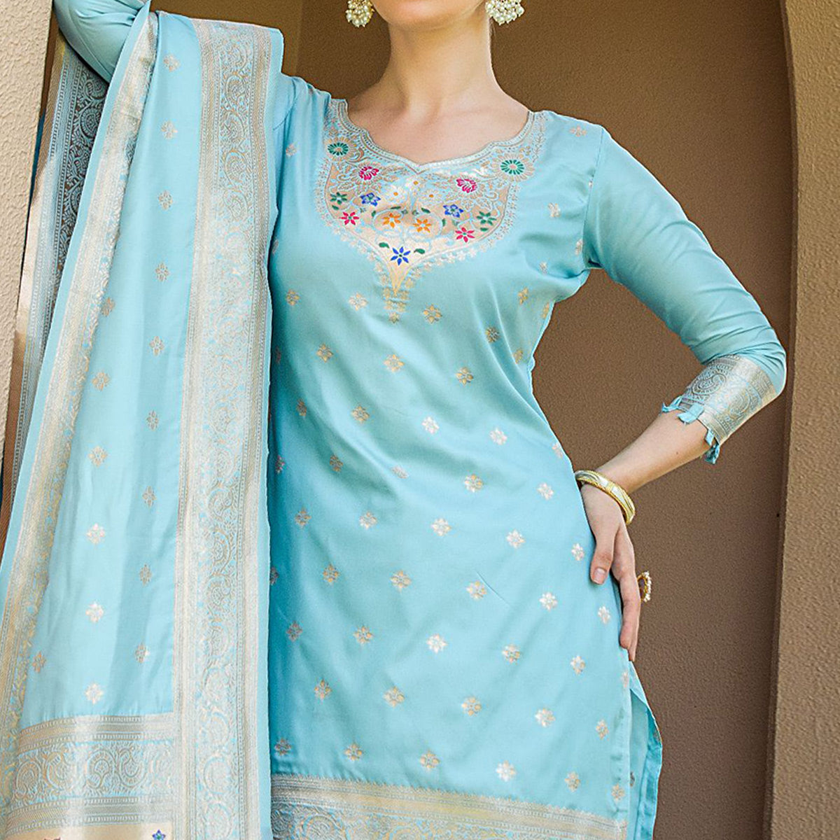 Sky Blue Floral Woven Banarasi Silk Paithani Dress Material