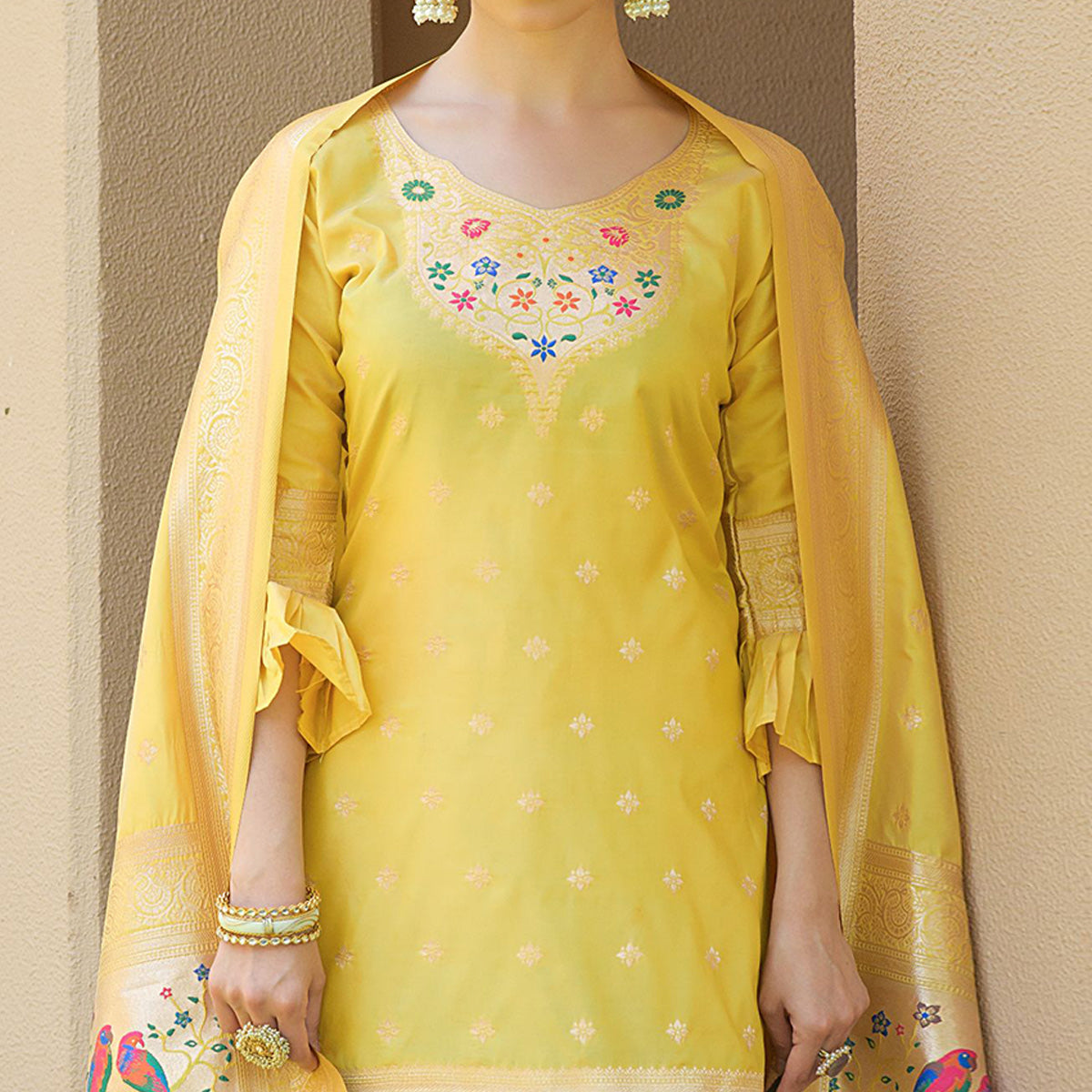 Yellow Floral Woven Banarasi Silk Paithani Dress Material