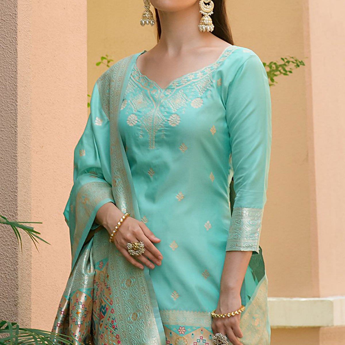 Turquoise Floral Woven Banarasi Silk Paithani Dress Material