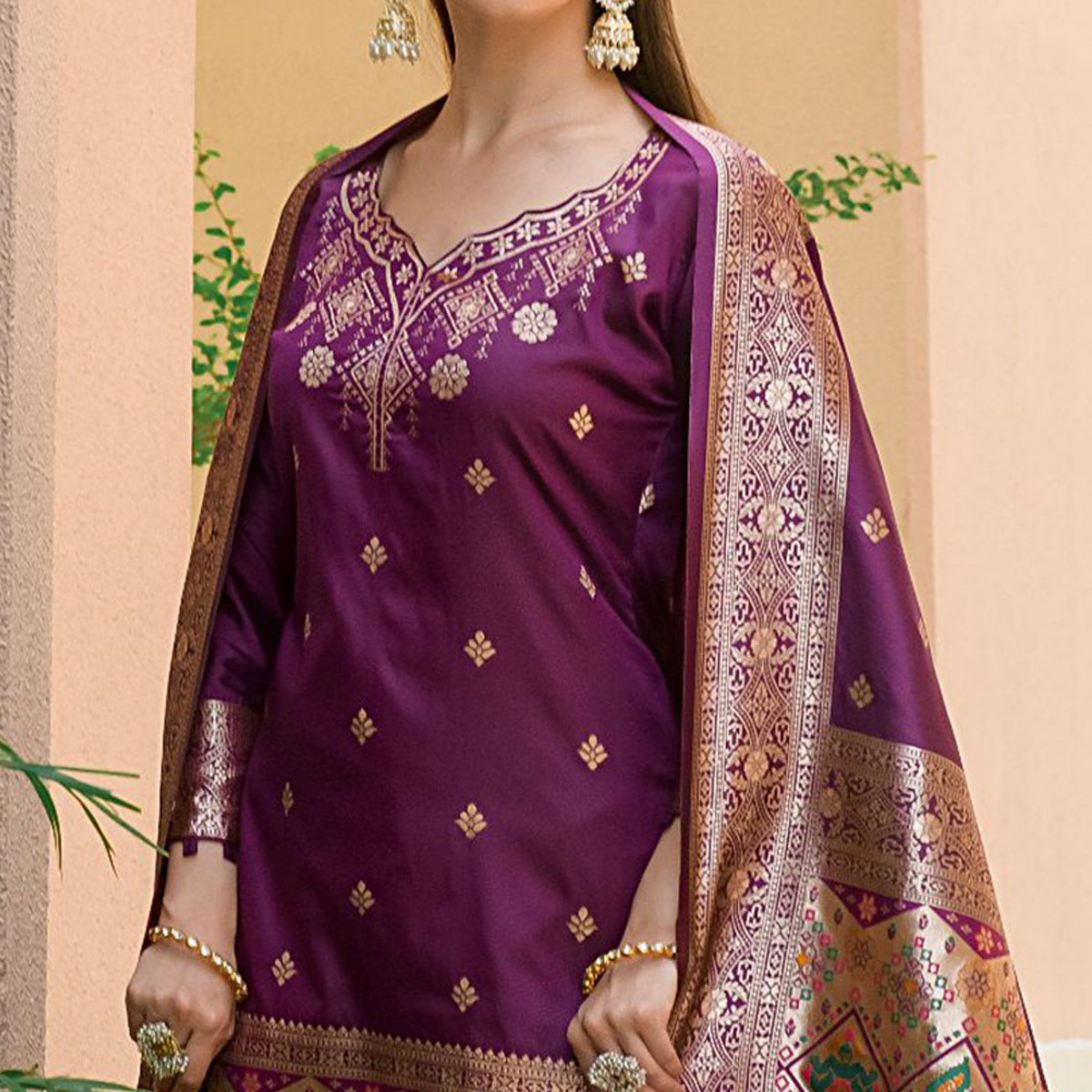 Purple Floral Woven Banarasi Silk Paithani Dress Material