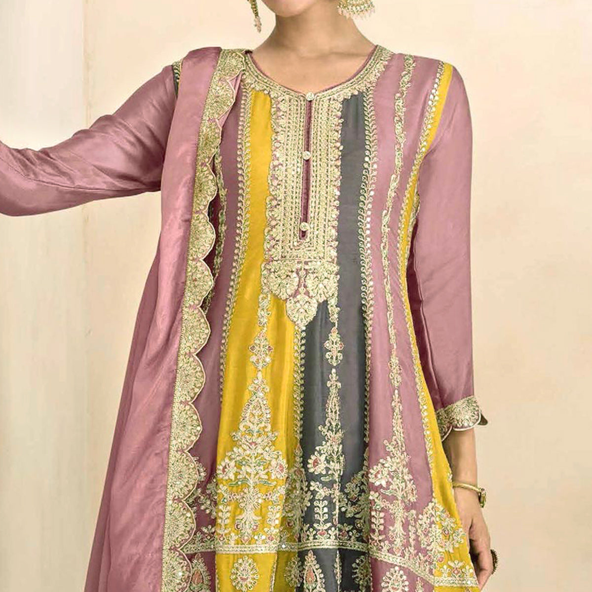 Pink Sequins Embroidered Chinon Semi Stitched Sharara Suit