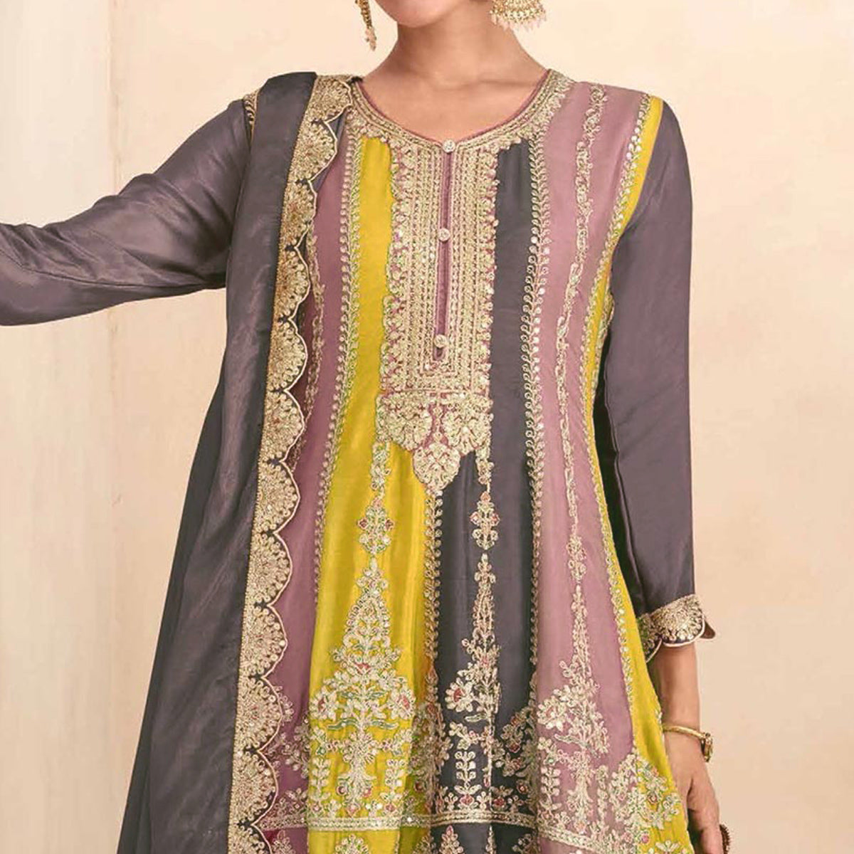 Brown Sequins Embroidered Chinon Semi Stitched Sharara Suit